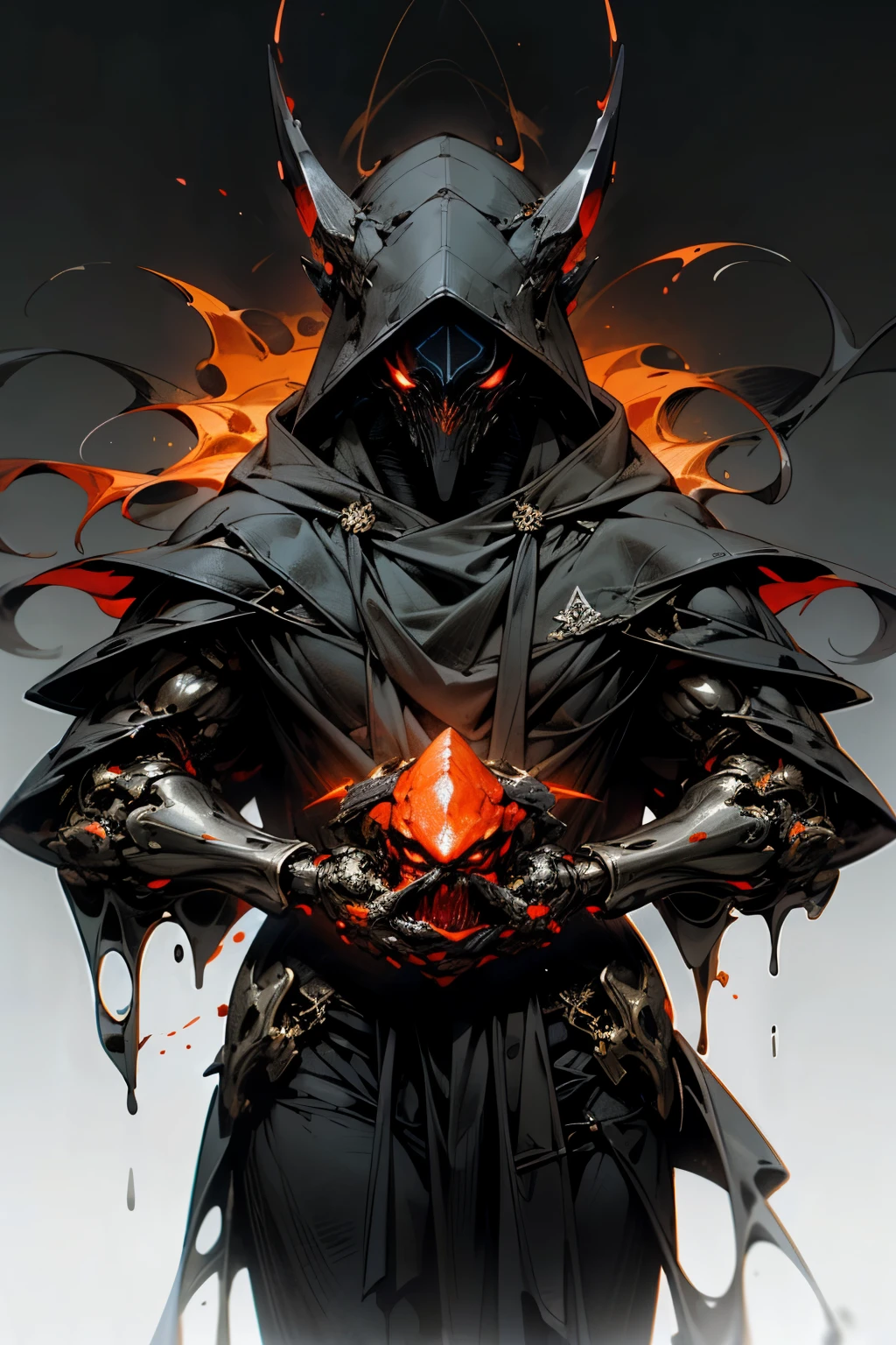 "In the depths of darkness, a sinister figure emerges, painted by the skillful hands of Craig Mullins. Clad in a hoodie, his face concealed by a terrifying mask, his eyes burning with an evil, angry intensity. The colors of this masterpiece are saturated with shades of darkness, the glaze dripping menacingly as if reflecting the figure's emotions. The cybernetic design of the mask is reminiscent of Lovecraftian horrors, its honeycomb-like texture adding to the unsettling effect.

In the foreground, red snapdragons bloom ominously, their fiery hues contrasting the bleak background. The figure