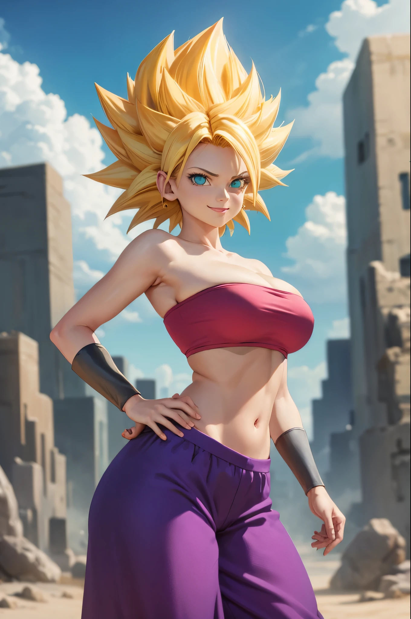 masterpiece, best quality,  ssjcaulifla, blonde hair, aqua eyes, tube top, purple pants, bracers, cowboy shot, looking at viewer, smile, furrowed brow, hands to ????, sky, clouds, ???????????, big ???