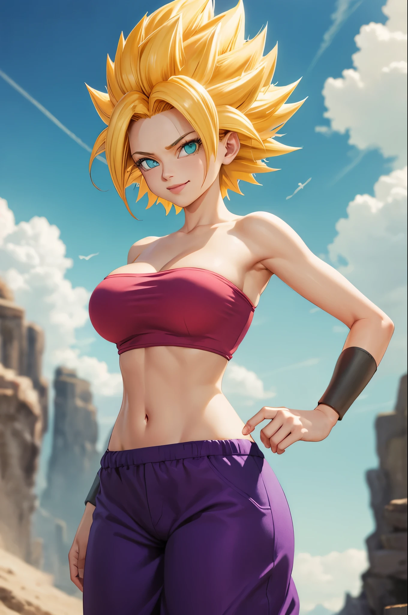 masterpiece, best quality,  ssjcaulifla, blonde hair, aqua eyes, tube top, purple pants, bracers, cowboy shot, looking at viewer, smile, furrowed brow, hands to hips, sky, clouds, big breasts, big ass