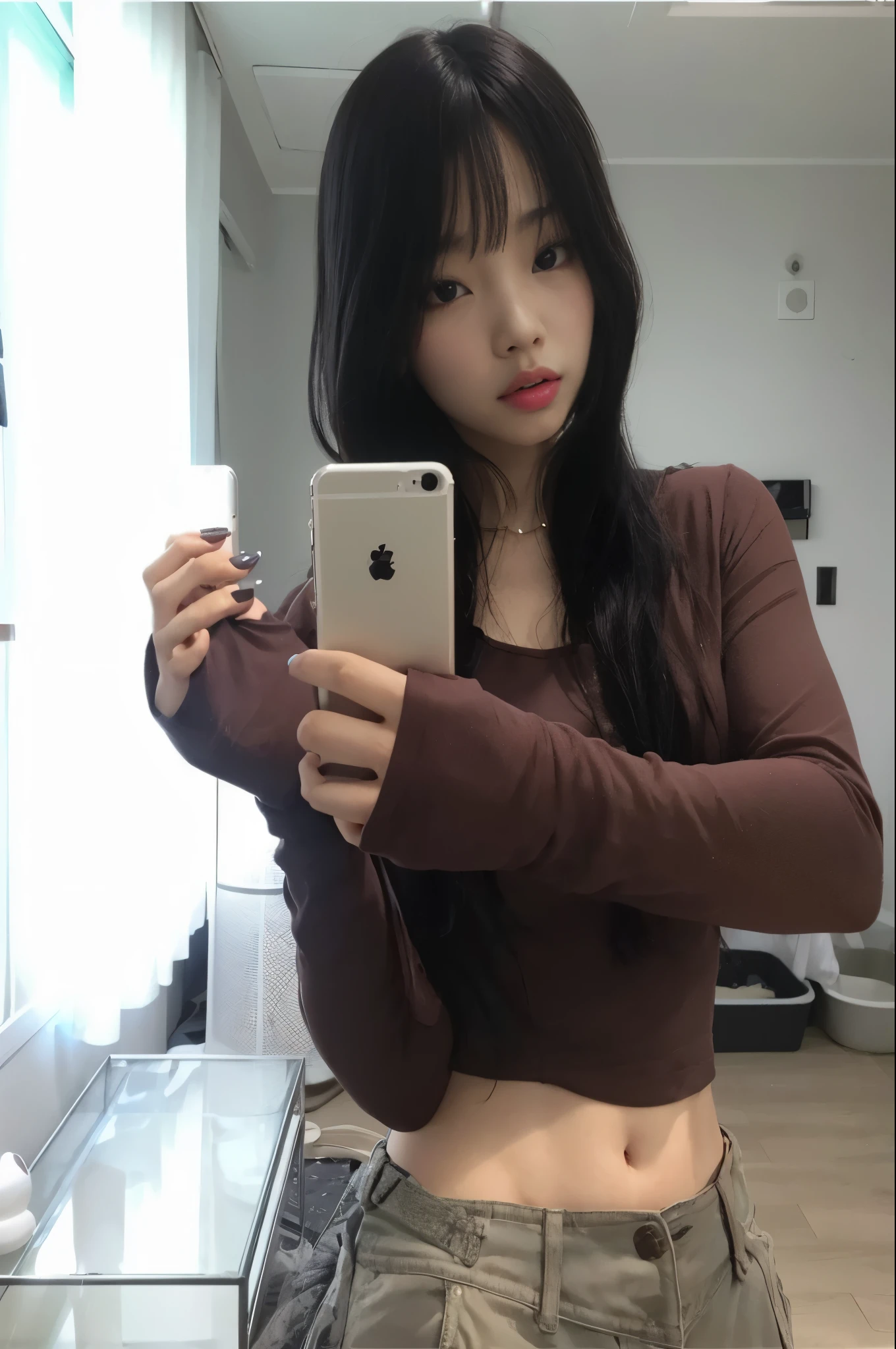 there is a woman taking a selfie in the mirror, Ulzzang, foto de garota magra, her belly button is exposed, Jinyoung Shin, coreana, jaeyeon nam, com camiseta rasgada, Heonhwa Choe, grosso, Asian, imagem vazada, 2 modelo feminino de 4 anos, cintura fina e quadris grossos, gongbi, jennie, jennie blackpink, jennie main, solo jennie, jennie kim, blackpink jennie, jennie jennie
