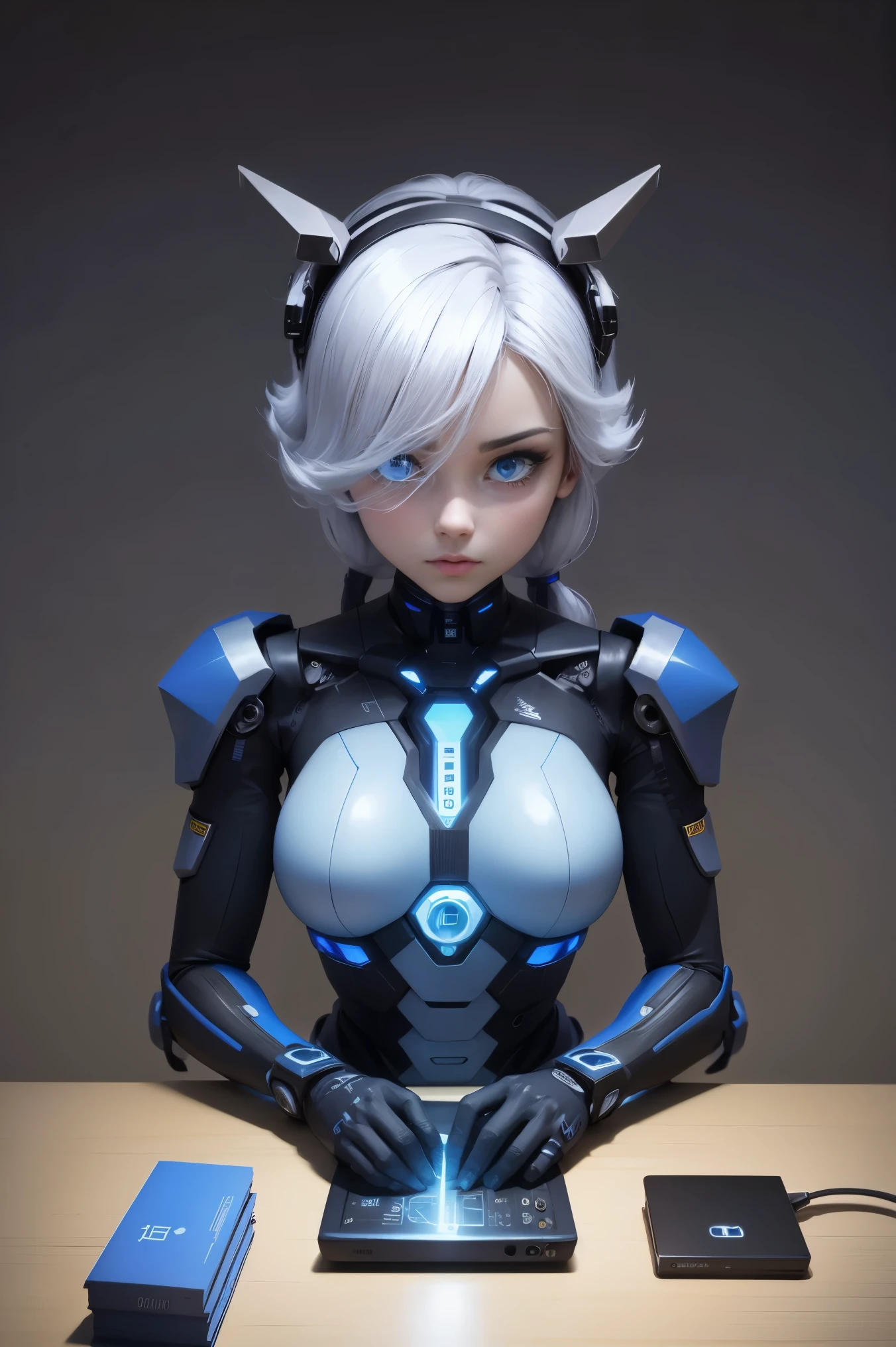 A humanoid robot with piercing neon blue eyes and wires extending from its mechanical body. --c 12 --s 850 --q 2