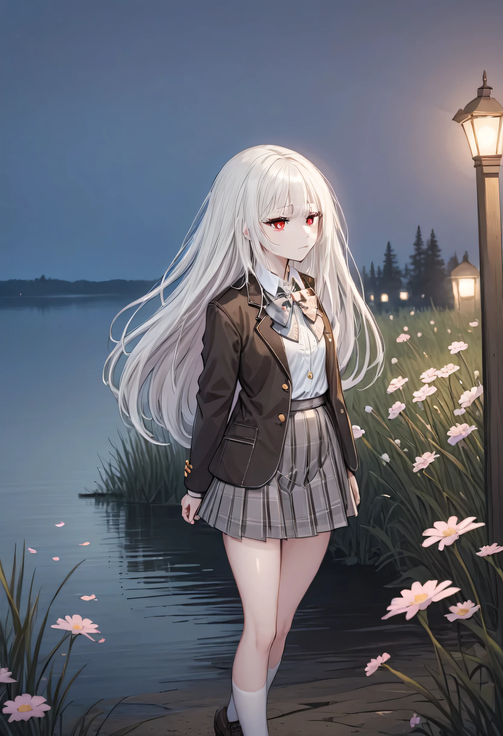 
(masterpiece, best quality:1.2), 1girl, solo, Anime, Anime art, red eyes, albino, White long starlight hair, (dark brown jacket), white collar, ((short grey plaid skirt)), pink bow ,dynamic pose, Gold buttons, pockets on the sides of the jacket, Long bare legs, grey stockings, brown shoes, (long starlight hair), straight haircut, lake, flowers, lake, on the lake, girl at night stand in grass, girl stay in flowers, lake on background