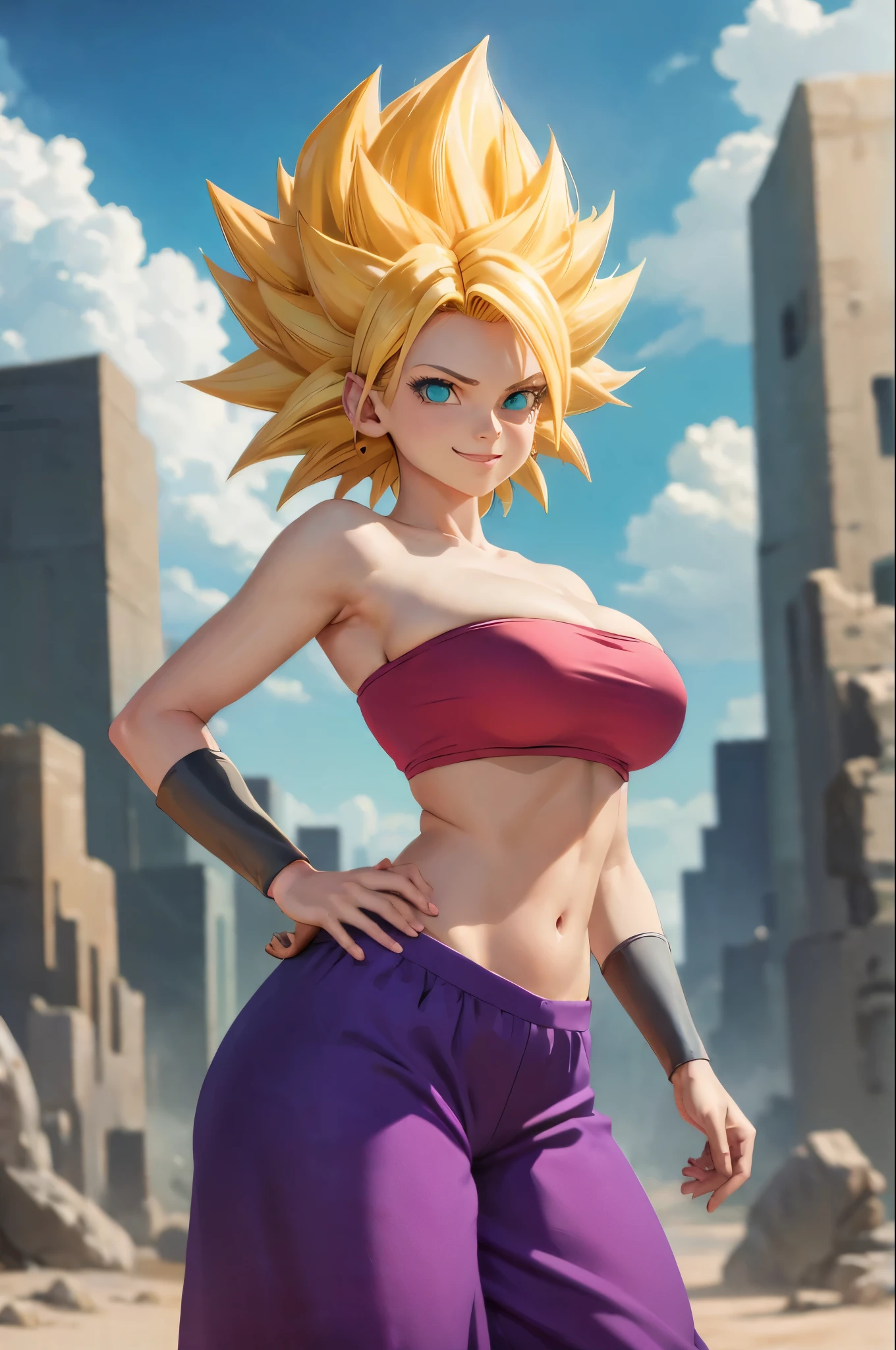 masterpiece, best quality,  ssjcaulifla, blonde hair, aqua eyes, tube top, purple pants, bracers, cowboy shot, looking at viewer, smile, furrowed brow, hands to hips, sky, clouds, big breasts, big ass