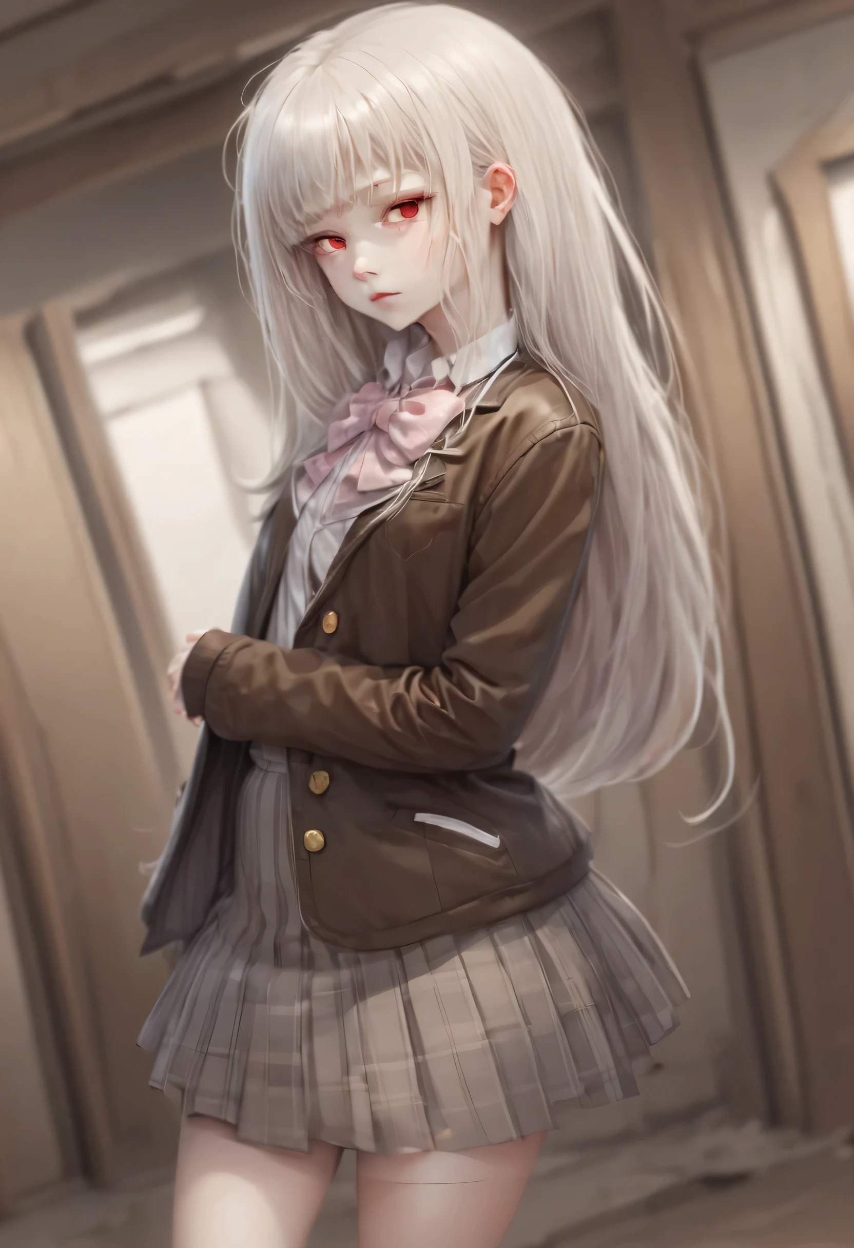 
(masterpiece, best quality:1.2), 1girl, solo, Anime, Anime art, red eyes, albino, White long starlight hair, (dark brown jacket), white collar, ((short grey plaid skirt)), pink bow ,dynamic pose, Gold buttons, pockets on the sides of the jacket, Long bare legs, grey stockings, brown shoes, (long starlight hair), straight haircut