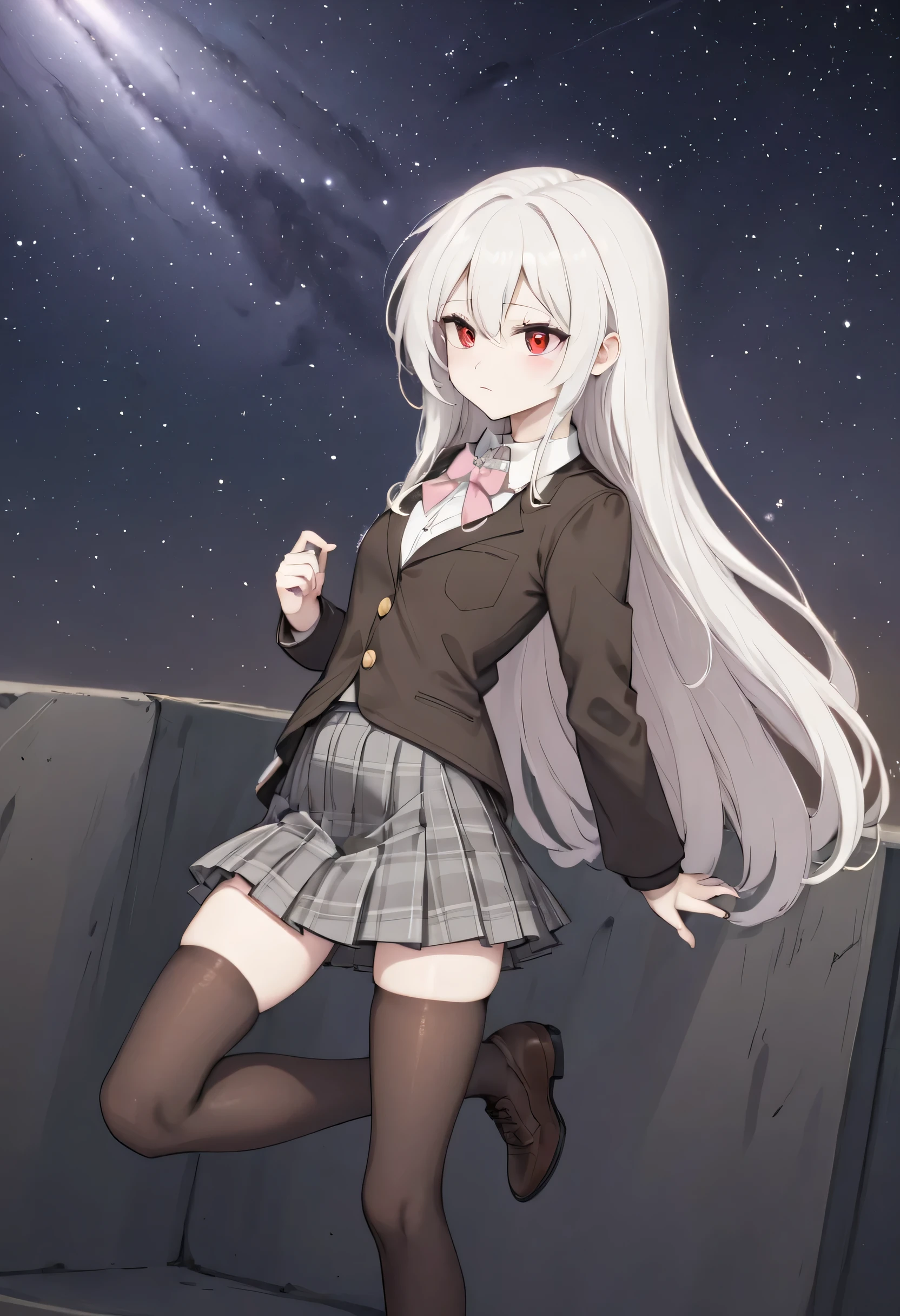 
(masterpiece, best quality:1.2), 1girl, solo, Anime, Anime art, red eyes, albino, White long starlight hair, (dark brown jacket), white collar, ((short grey plaid skirt)), pink bow ,dynamic pose, Gold buttons, pockets on the sides of the jacket, Long bare legs, grey stockings, brown shoes, (long starlight hair), straight haircut