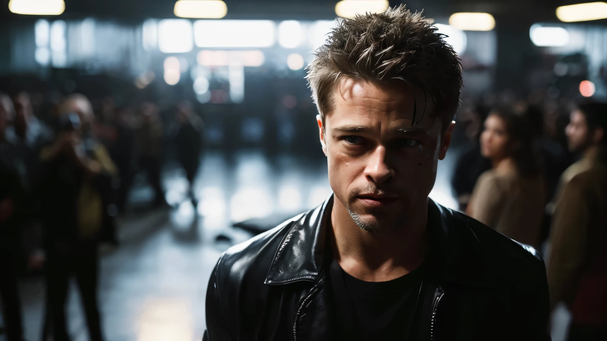 white background,full body,Brad Pitt,fight club,Tyler Durden,sweat dripping off his face