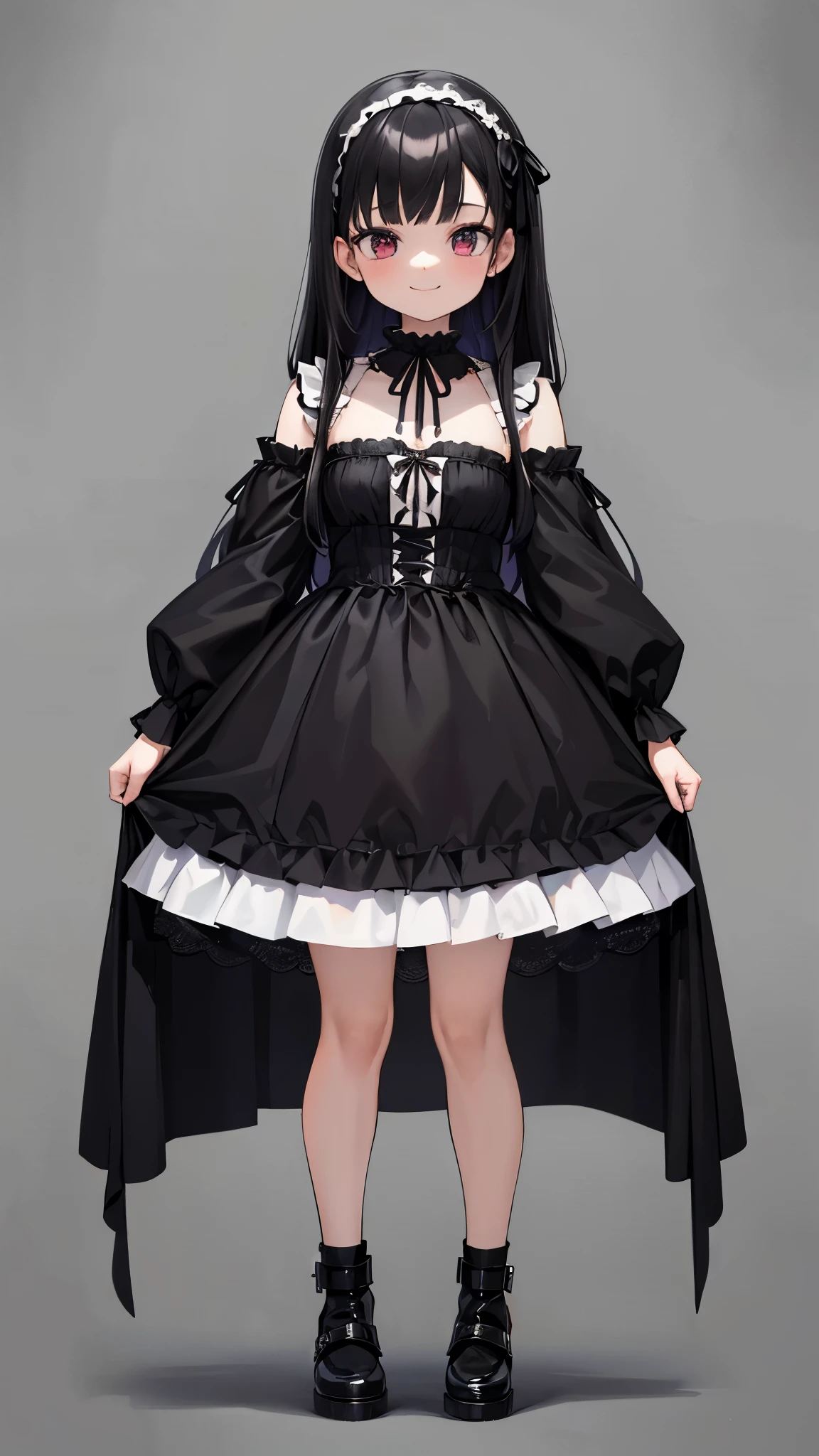 ((Super detailed)),highest quality,masterpiece,(30 years old with black hair),Black goth clothes,(Are standing),solo,((whole body)), ((wearing a black gothic costume)),((View from the front)),(enchanting smile),Wearing shoes on your feet,white background,
