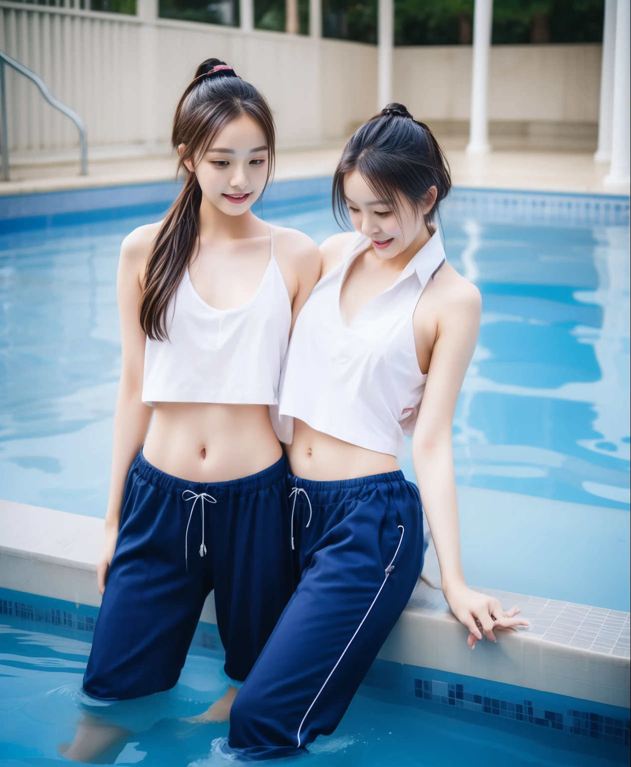 3 girls in the swimming pool, black underwear,Navy Long Trackpant,Sweatpants, Sweatpantsขายาว,25 year old girl, lesbian, sexy, exercise clothes, wet body
