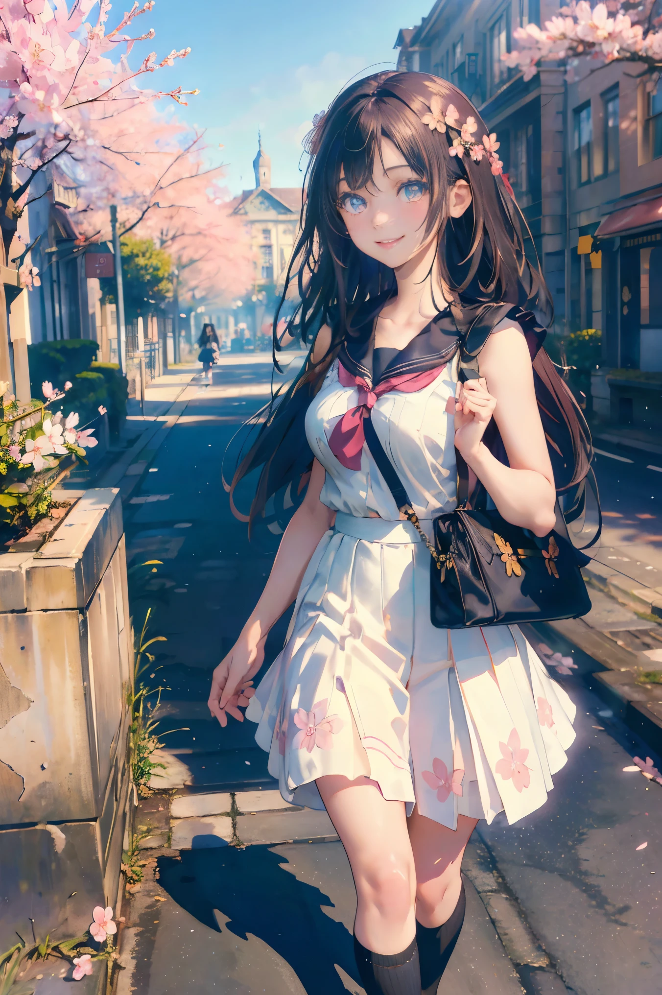 (masterpiece, finely detailed beautiful eyes: 1.2), ultra-detailed, illustration, 2girls, detailed background, school uniform, kneehighs, after school, walking in the street, shoulder bag, smile, cherry blossom, early spring, full body portrait