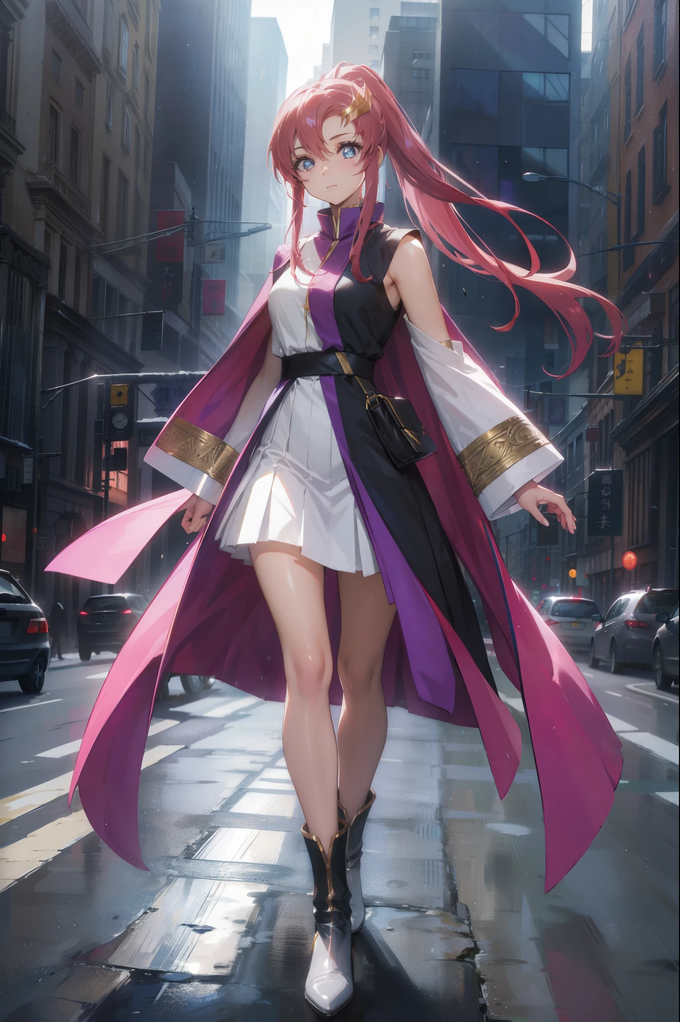 lacusclyne, lacus clyne, blue eyes, hair ornament, long hair, wave hair ornament, pink hair, ponytail, hair ribbon, hair clip,
BREAK ankle boots, black robe, boots, coat, long sleeves, red ribbon, ribbon, robe, sidelocks, sleeveless coat, white coat, white footwear,
BREAK outdoors, city,
BREAK looking at viewer, BREAK (masterpiece:1.2), best quality, high resolution, unity 8k wallpaper, (illustration:0.8), (beautiful detailed eyes:1.6), extremely detailed face, perfect lighting, extremely detailed CG, (perfect hands, perfect anatomy),