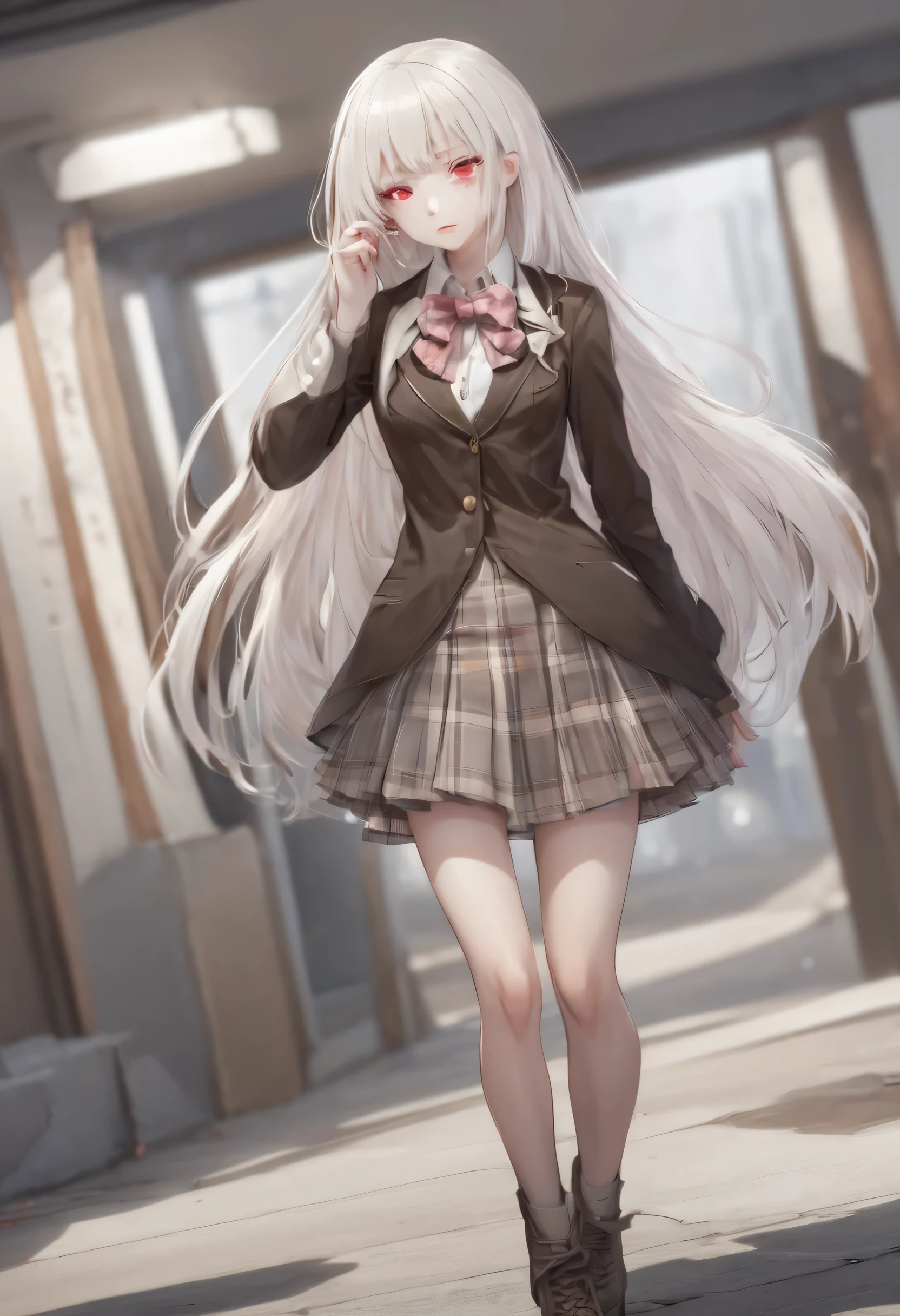 
(masterpiece, best quality:1.2), 1girl, solo, Anime, Anime art, red eyes, albino, White long starlight hair, (dark brown jacket), white collar, ((short grey plaid skirt)), pink bow ,dynamic pose, Gold buttons, pockets on the sides of the jacket, Long bare legs, grey stockings, brown shoes, (long starlight hair), straight haircut