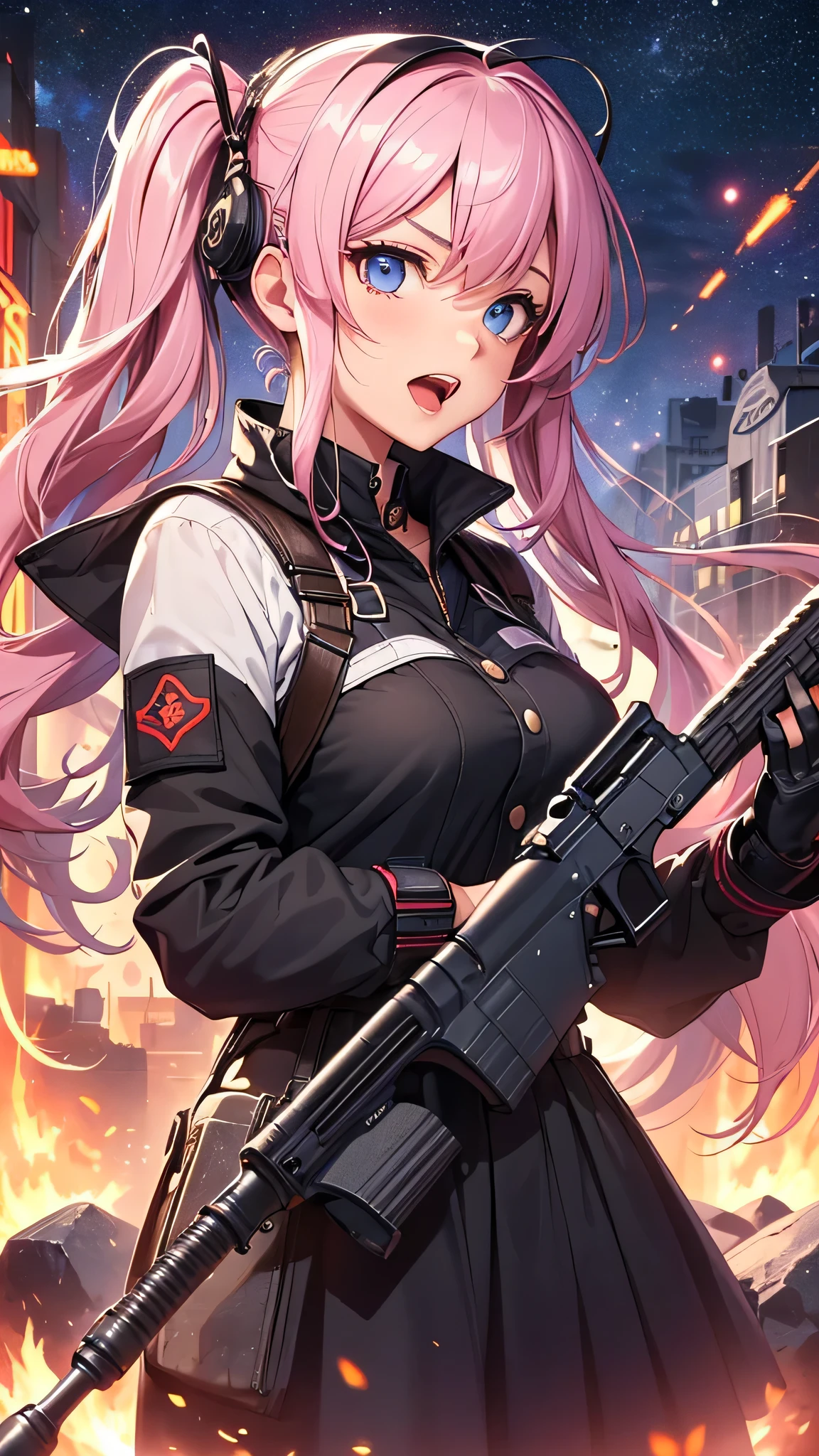 最high quality、best image quality、masterpiece、teenage girl((18-year-old、 By becoming、vest bust、medium bust,wide open breast tea、black eye, pink hAria、twin tails、thin,highest valley、red mechanic dress、Holds an assault rifle in the right hand、Glowing red wings,Aria、splatters、shooting pose、scream、holds a shotgun in left hand、angry face)),high quality、beautiful art、background((outer space、battlefield、splattersing beams、military base))瓦礫がsplatters、Depth of written boundary、movie、visual art、perfect art、8K,genuine