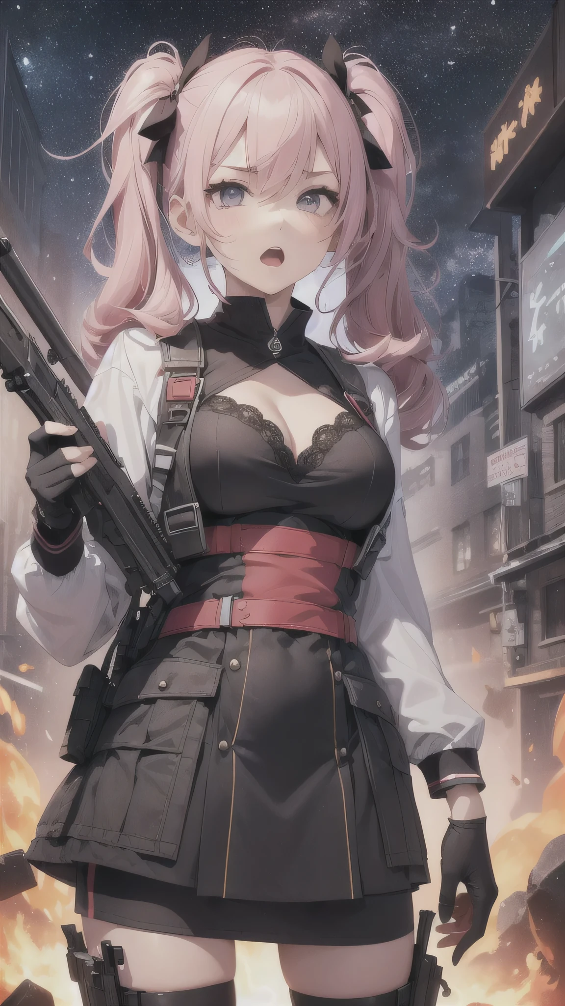 最high quality、best image quality、masterpiece、age girl((18-year-old、 By becoming、vest bust、medium bust,wide open breast tea、black eye, pink hAria、twin tails、thin,highest valley、red mechanic dress、Holds an assault rifle in the right hand、Glowing red wings,Aria、splatters、shooting pose、scream、holds a shotgun in left hand、angry face)),high quality、beautiful art、background((outer space、battlefield、splattersing beams、military base))瓦礫がsplatters、Depth of written boundary、movie、visual art、perfect art、8K,genuine
