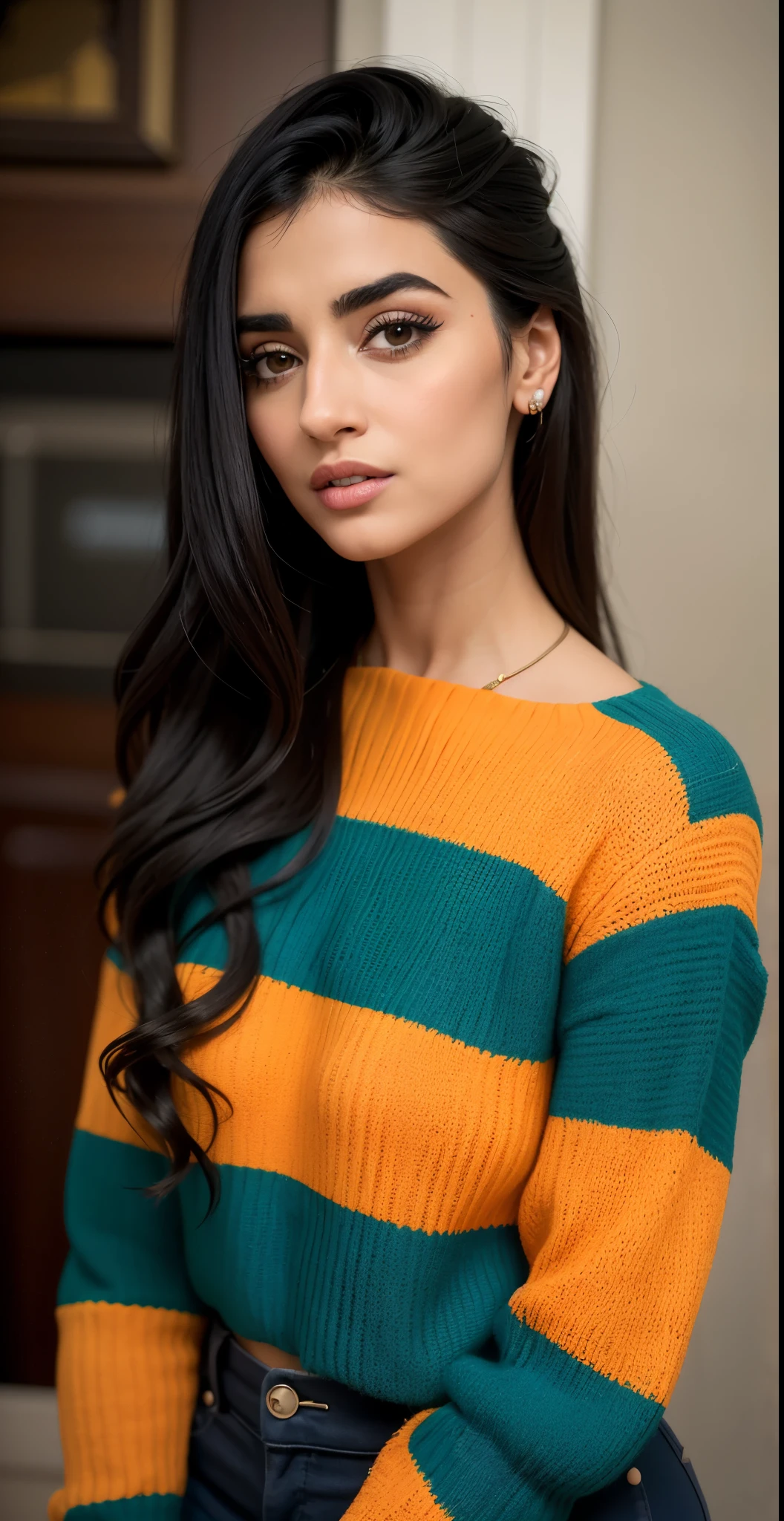 A closeup of a woman with long hair wearing a sweater;, cor laranja e azul-marinho, laranja listrado e azul-marinho, imagem vazada, wearing a colorful coogi sweater, brilhantemente colorido, tons laranja e preto, moletom longo laranja, Maya Ali as d&mago, Maya Ali, com lindas cores, Destaques suaves em laranja e ciano, cores azul-marinho e laranja