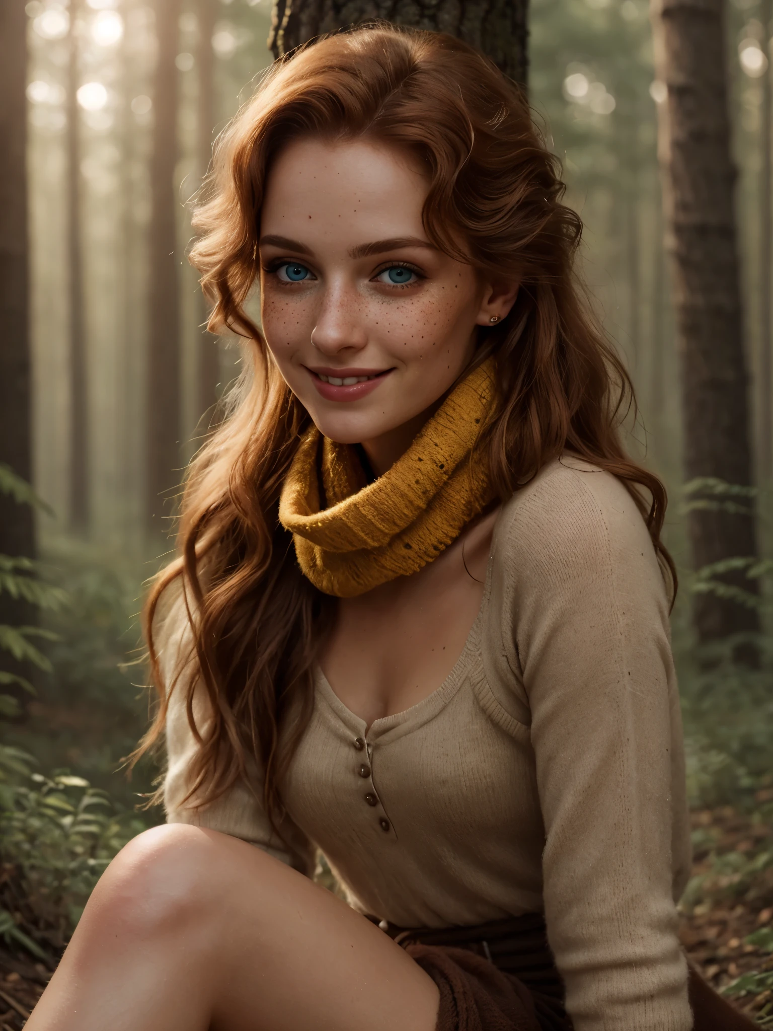 (Realistic:1.2), photorealistic atractive beautiful woman with messy ginger hair, blue eyes, little freckles, wearing a long scarf and leg warmers, Princess Merida, Brave, cute sexy, feminine pose, in the forest, cinematic lighting, ethereal light, intricate details, extremely detailed, full colored, complex details, insanely detailed and intricate, hypermaximalist, rich colors, cinematic, smiling, vivid colors, detailed beautiful eyes and perfect face, rim light, 16k, best quality
