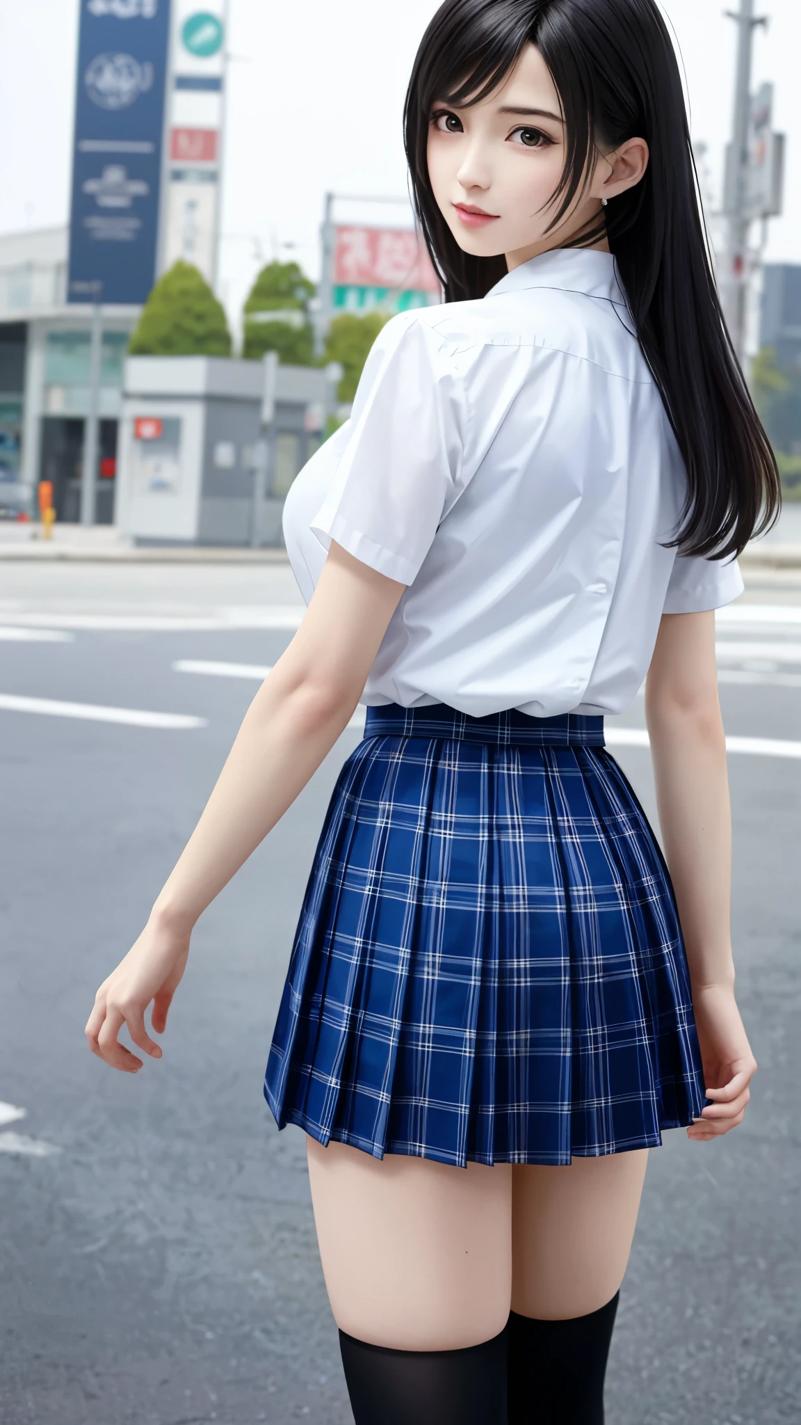 (top quality, masutepiece: 1.1), (Realistic: 1.3), (photoRealistic: 1.3),wallpapers, BREAK (((FF7,Tifa_lockhart))),behind view:1.3,(((Japan jk uniform,White short-sleeved shirt,Navy Blue Plaid Pleated mini-Skirt,Dark blue short socks,loafers))),(wet clothes:1.2, wet body:1.3),(background big city,shibuya:1.1,hard rain:1.3,neon:1.2),(gravure pose:1.3,nogizaka idol),Ultra-detailed face, Detailed eyes,Red eyes, BREAK (((FF7,Tifa_lockhart))),(black brown hair, Large breasts: 1.2), BREAK , About 18 years old,kawaii,(calf focus:1.2,back hair:1.2),sensual,zettai_ryouiki:1.1,looking at viewer,Beautiful legs,walking,full body,