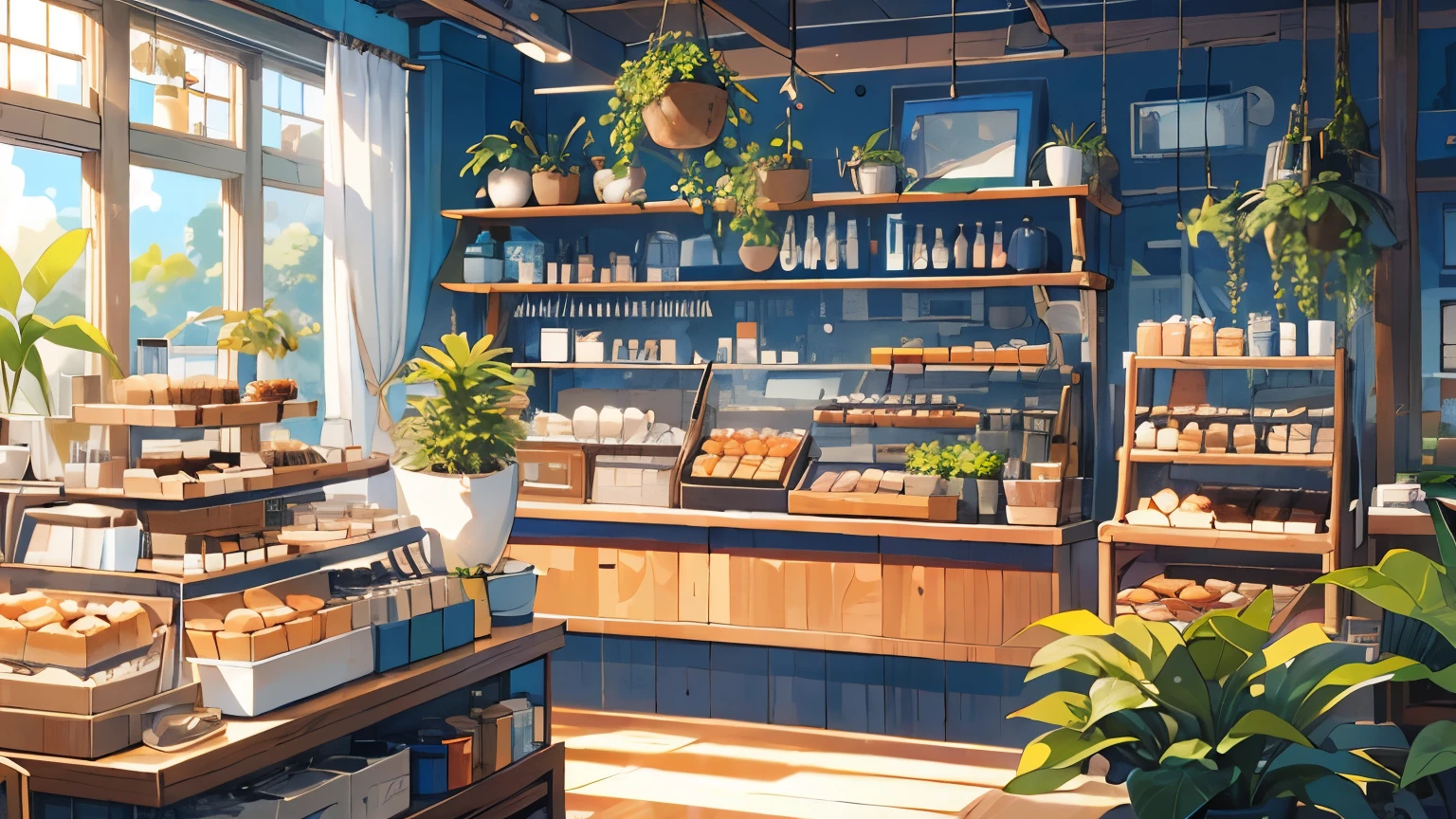 (masterpiece:1.2), best quality,PIXIV,cozy animation scenes,
scenery, no humans, sky, plant, window, food, cloud, day, cup, shelf, tree, jar, table, bottle, sunlight, blue sky, indoors, potted plant, bread, plate, chair, shop, electric fan, 
 