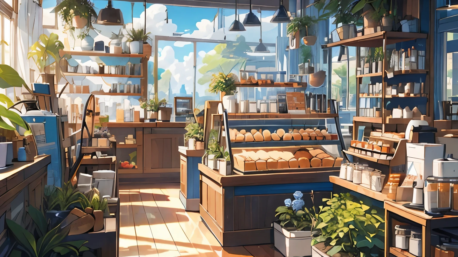 (masterpiece:1.2), best quality,PIXIV,cozy animation scenes,
scenery, no humans, sky, plant, window, food, cloud, day, cup, shelf, tree, jar, table, bottle, sunlight, blue sky, indoors, potted plant, bread, plate, chair, shop, electric fan, 
 