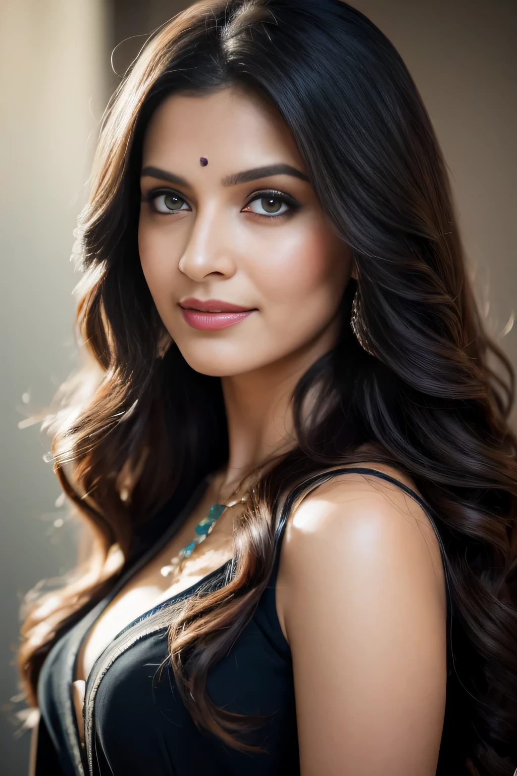 Portrait of A confident-looking indian woman with long flowing hair, hazel eyes, with flowing capes, laughing, perfect composition, hyperrealistic, super detailed, 8k, high quality, trending art, trending on artstation, sharp focus, studio photo, intricate details, highly detailed, art by greg rutkowski