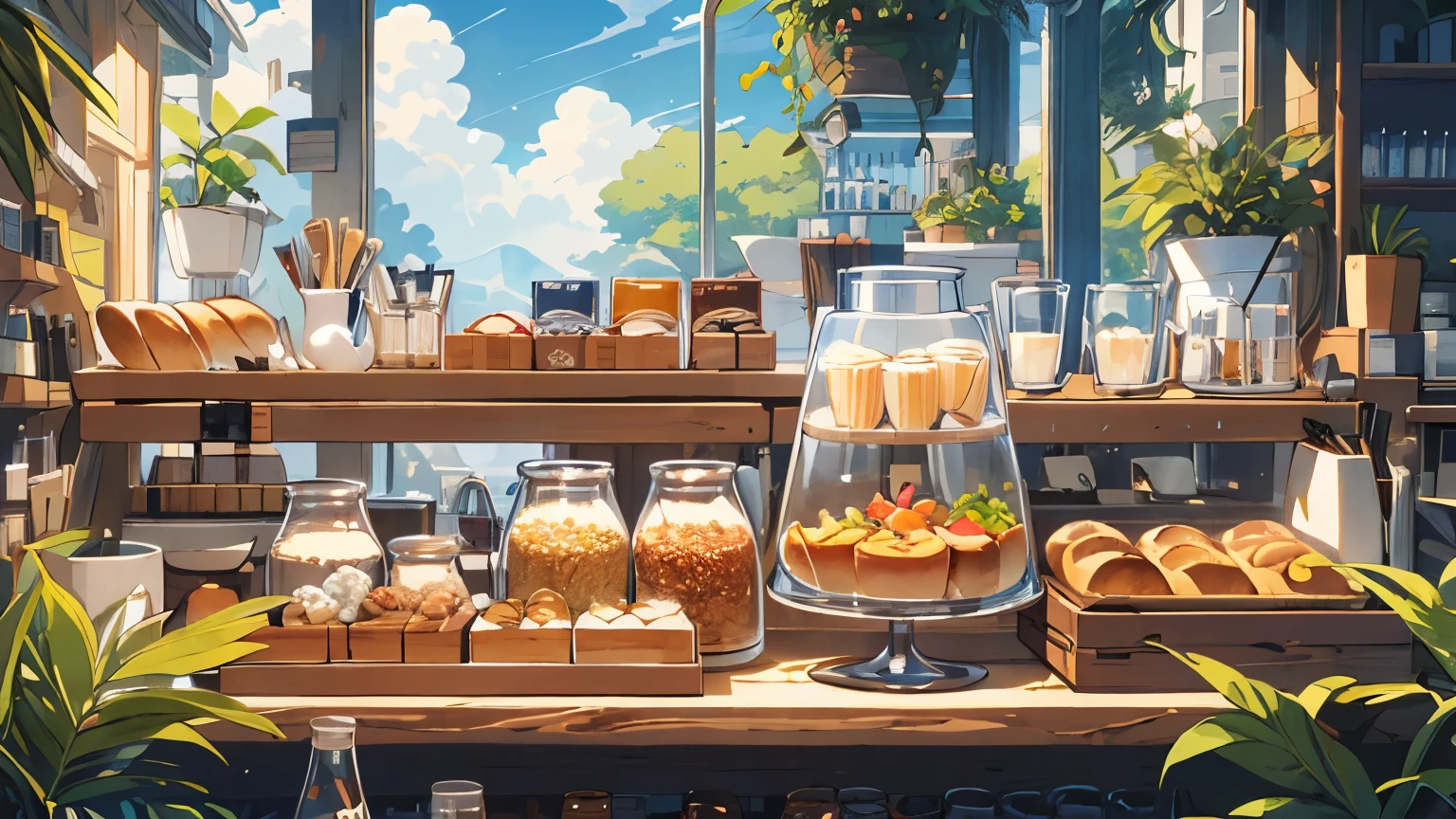 (masterpiece:1.2), best quality,PIXIV,cozy animation scenes,
scenery, no humans, sky, plant, window, food, cloud, day, cup, shelf, tree, jar, table, bottle, sunlight, blue sky, indoors, potted plant, bread, plate, chair, shop, electric fan, 
 