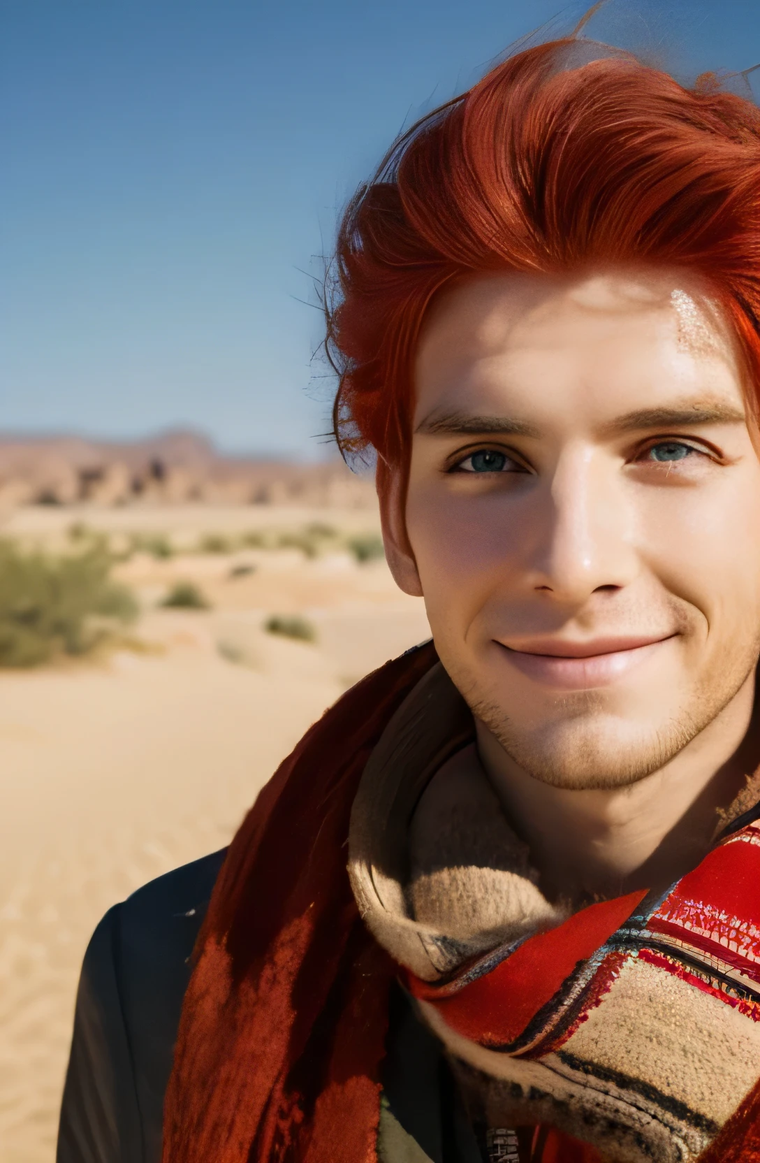 masterpiece,highest quality,redhead,20代male,narrow eyes,three white eyes,well-groomed face,Bounced hair,mischievous look,Desert Journey,bright redhead,slanted eyes,male,fearless smile,Yankee,messy hair,clear eyes,Strong-willed face,middle ages,Europe