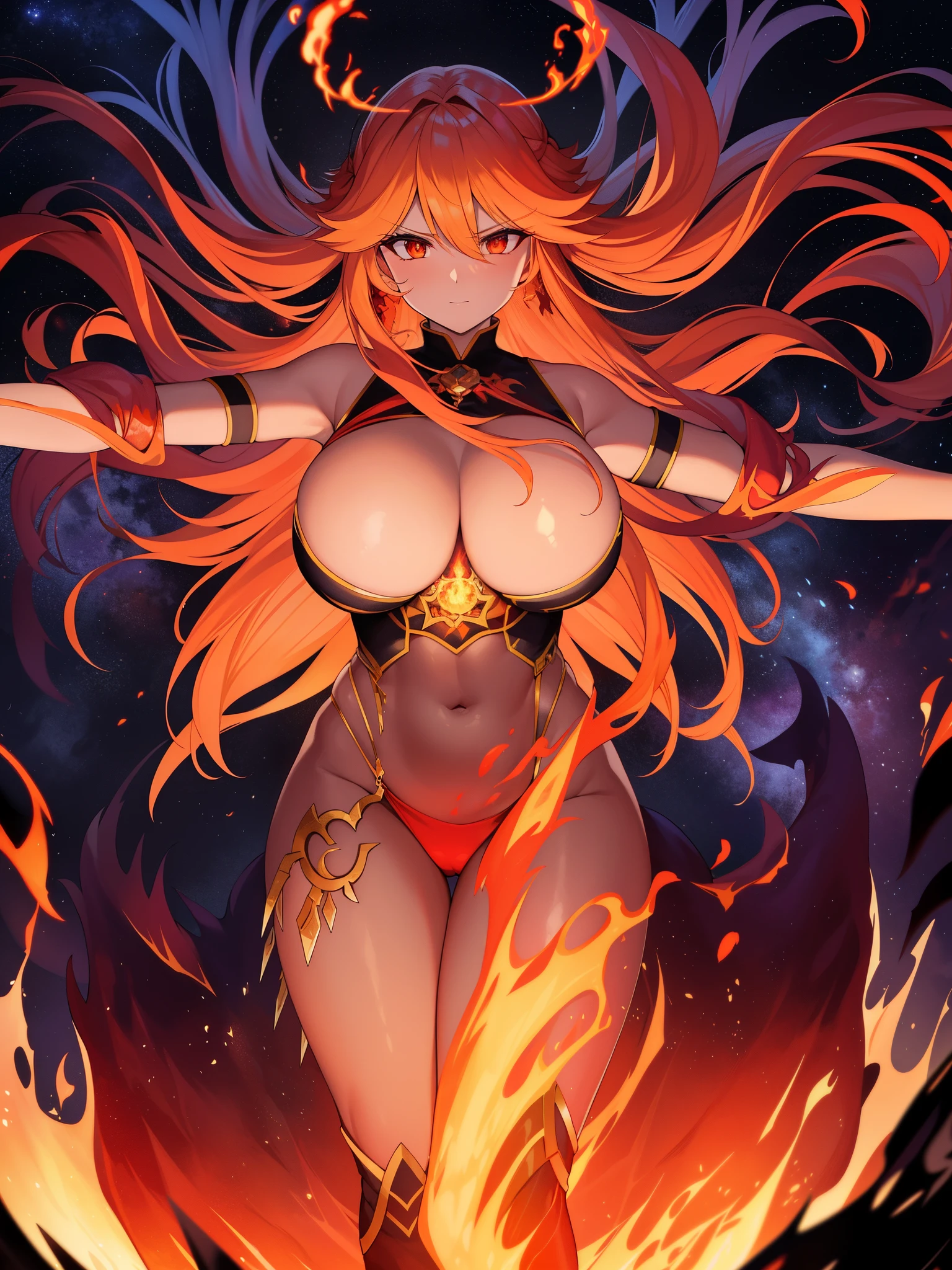 A blazing fiery giant、Enveloping that gigantic posture with amazing flames、A magnificent sight that leads everything to scorching despair is unfolding.。Her body is like a living flame itself.、Bright red flame hair dances in the wind、Her eyes hold the glow of hellfire.。 The giant's entire body was engulfed in blazing flames.、The heat is raging like a scorching storm.。Her existence truly belongs to a cosmic dimension.、As she walks, the burnt earth and the remaining ashes spread out.、The flames dancing in the sky look like the souls of the dead ascending to heaven.。Her huge body is like a dance of death、It depicts the stage of flames burning all over the world.。 A vortex of flame swirls around the giant.、A blazing hellfire scorches the atmosphere、It's as if the area around him has turned into an extradimensional realm of flames.。The wind blows the flames、His presence is like the spirit of fire itself。This giant is the ruler of fire itself、Its existence envelops everything in scorching flames.、It's a sign of a grand end。
