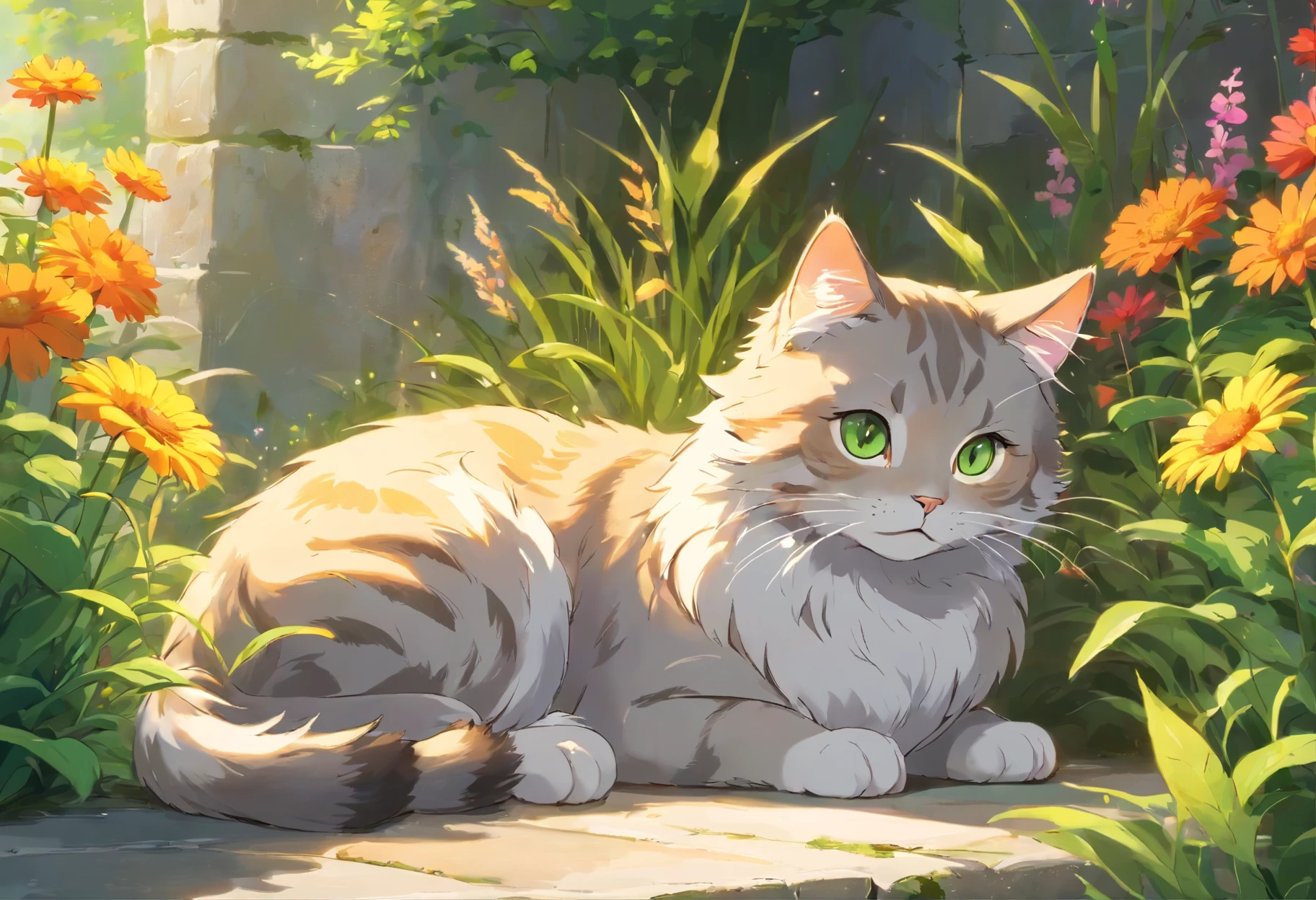 Light gray and tan tabby cat, Eyes and fur details, Sitting in a sunny garden, Surrounded by colorful flowers. soft, Warm lights illuminate the scene., Emphasize the delicacy of cats. A cat is resting peacefully on a mossy stone bench., His tail curled gently. around its paws. The gardens are lush and lively., Filled with tall grass and colorful flowering plants.. Cats&#39; fur is soft and shiny., With subtle shades of gray and tan.. The eyes are a perfect combination of green and yellow., With intricate patterns that reflect sunlight.. Overall image quality is of the highest standard., With ultra-detailed fur and realistic textures.. Bright and harmonious colors, With a mix of pastel tones and bright colors.. The lights create a warm and inviting atmosphere., This creates soft shadows on the ground and adds depth to the scene..