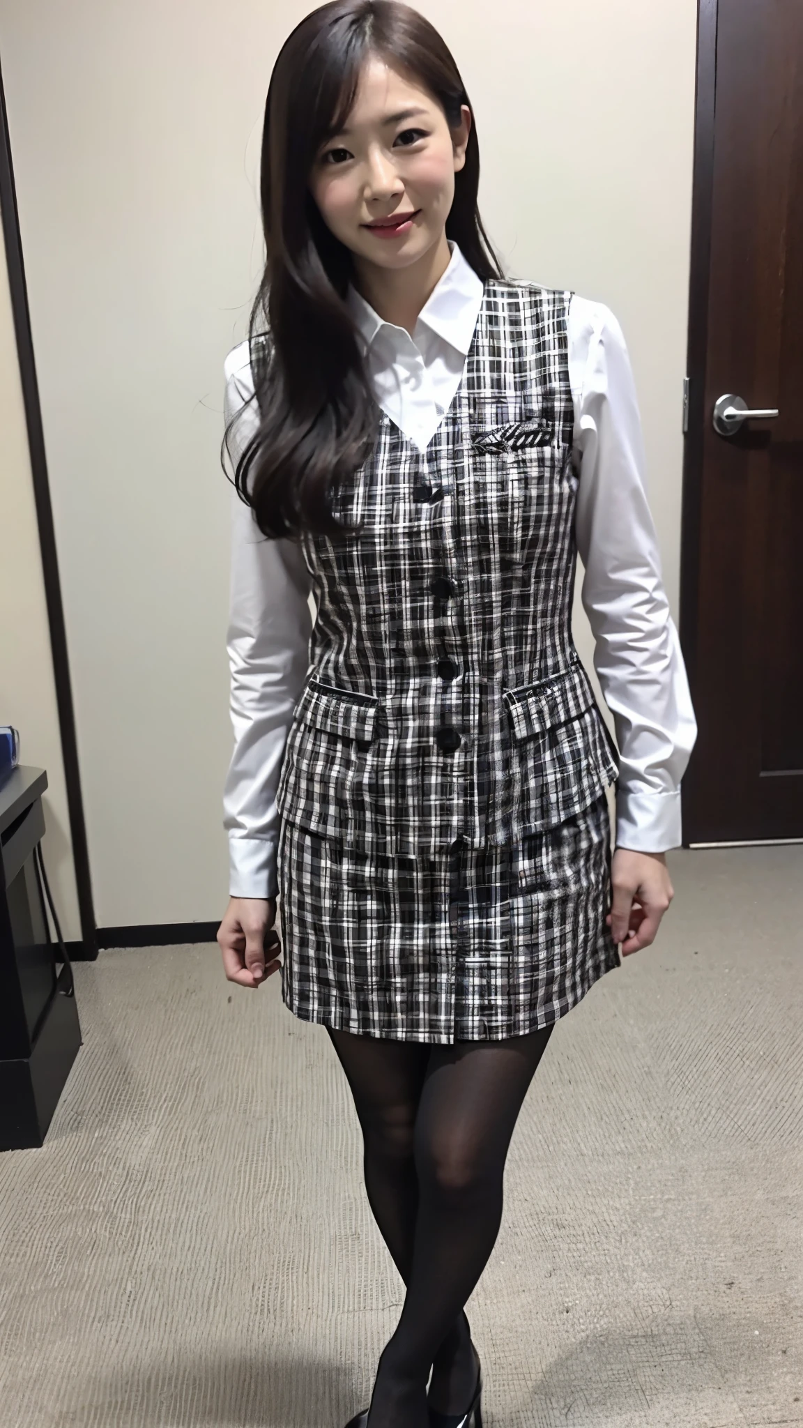 ulzzang-6500-v1.1, (RAW photo:1.2), (Photoreal), (genuine:1.4), 1girl、perfect anatomy、48 years old、look at the camera、medium long hair、plaid vest vest、((Are standing:1.3))、(super realistic pantyhose:1.2), (high heels)、(business services)、