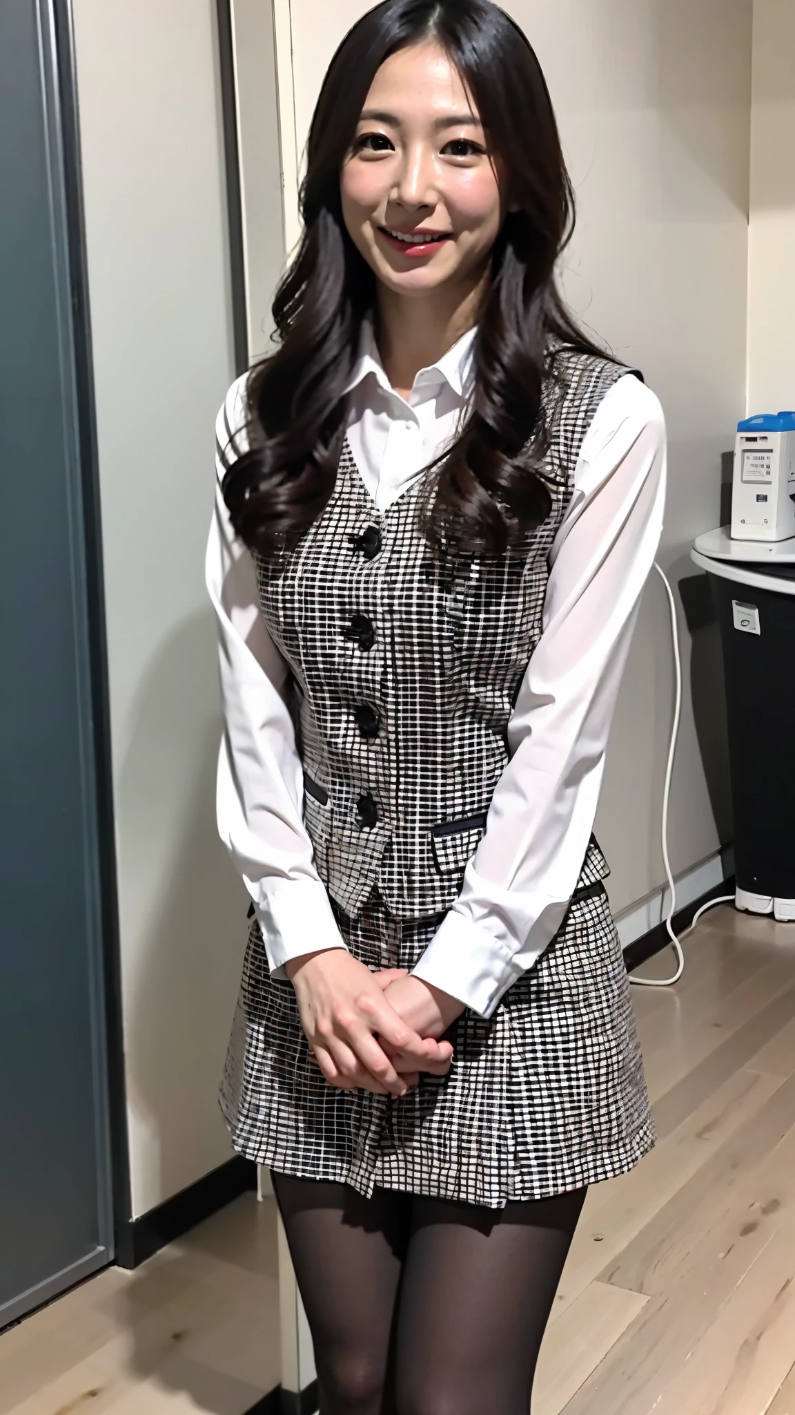 ulzzang-6500-v1.1, (RAW photo:1.2), (Photoreal), (genuine:1.4), 1girl、perfect anatomy、48 years old、look at the camera、medium long hair、plaid vest vest、((Are standing:1.3))、(super realistic pantyhose:1.2), (high heels)、(business services)、