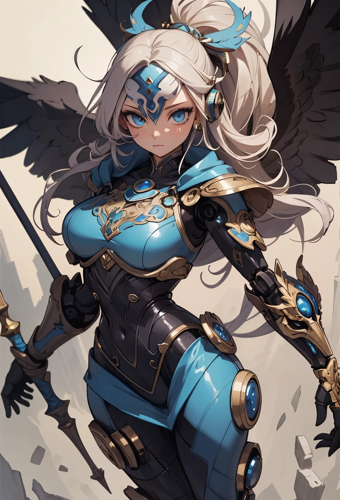 ((Draw every detail with high precision)Extremely precise depiction)[high resolution],(detailed illustrations,とてもbeautifulで緻密な描画,Delicate lines and rhythm,Realistic texture expression),[Color drawing main line],(Fantasy world battlefield background [Burning castle]),(girl (Blue Wild Eagle [(Mask of God) [[Metal surface[Transparent lenticular iris]]]]) (Skinny)) [Weapon Machine [Battle Shaman]],[Beautifully decorated arms and legs [(Graceful figure)feather-made dress]],Eagle pattern,[Use a spear as a weapon],[[Mobile Weapon Giant Size][Sci-fi machinery]],(Exquisite and beautiful decoration [Dense details]),[transparency],(Precisely drawn face)[完璧な目のdetailed(Beautifully detailed iris)(Eyes like deep gems)],(Eye light[Accurate Lighting，protect eyes]),[Long and beautiful eyelashes],[Accurately drawn hair [美しく艷やかな髪のdetailed]],(完璧な手のdetailed [beautiful fingers，no damage [Beautiful nails]]),(Perfect anatomical structure(Perfectly balanced proportions))[[Full body portrait]],[Ideal color coordination(Accurate simulation of the interaction between light and material)],([Precision details](detailed,高beautiful)),[The visual art of storytelling],((best quality)beautiful[[High-density drawing]])(4k picture quality).(((Full breasts,)))(((Large Breasts))) (((Cleavage))),