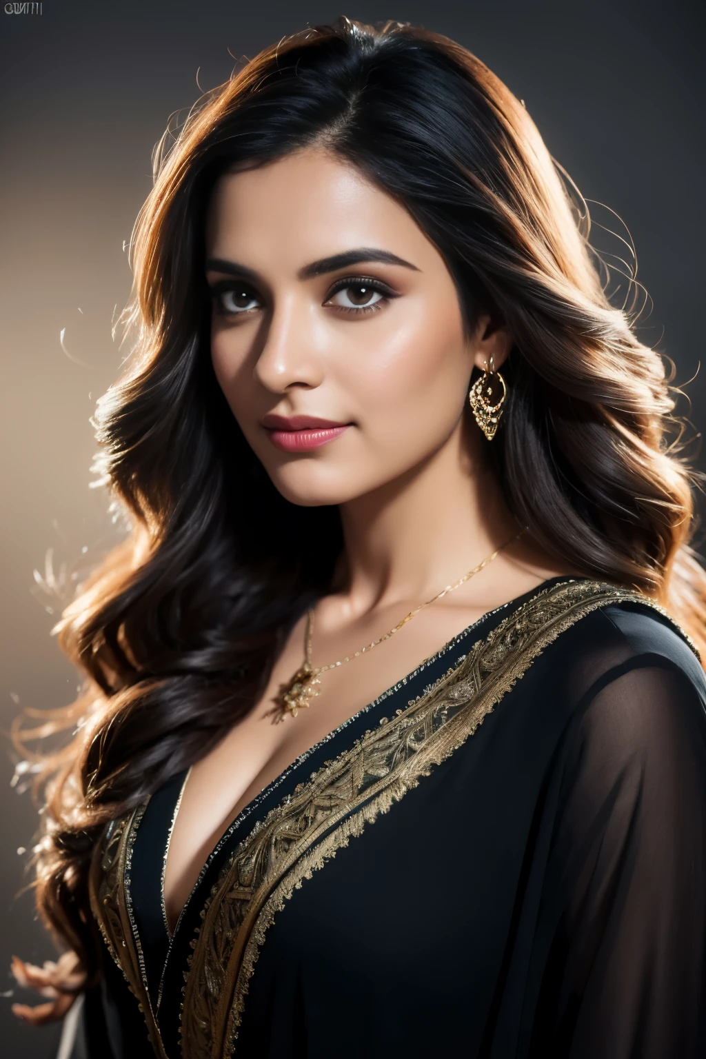 Portrait of A confident-looking indian woman with long flowing hair, hazel eyes, with flowing capes, laughing, perfect composition, hyperrealistic, super detailed, 8k, high quality, trending art, trending on artstation, sharp focus, studio photo, intricate details, highly detailed, art by greg rutkowski
