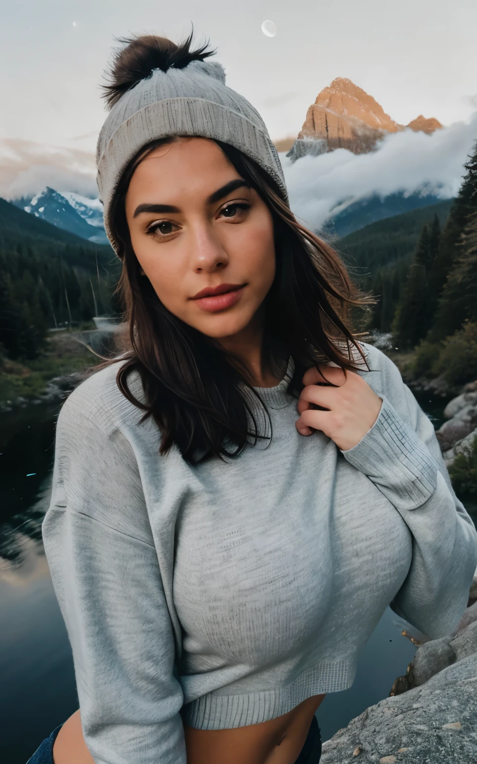 photorealistic, best quality, big tits, naked tits, 80 DD cup tits, sexy pose, hyper detailed, beautiful woman, selfie photo, upper body, solo, wearing pullover, outdoors, (night), mountains, real life nature, stars, moon, (cheerful, happy), sleeping bag, gloves, sweater, beanie, flashlight, forest, rocks, river, wood, smoke, fog, clear sky, analog style, looking at viewer, skin texture, film grain, close up, ultra high res, best shadow, RAW, instagram LUT