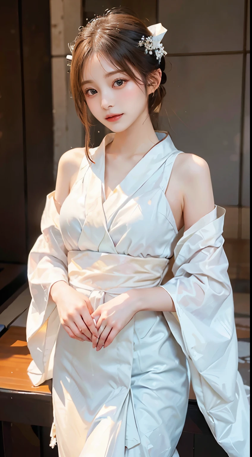Within a serene backdrop, a woman embodies elegance in the pure beauty of a white kimono. The pristine white fabric, adorned with subtle patterns, gracefully drapes her figure, creating a tranquil and refined aesthetic. The obi ties delicately around her waist, adding a touch of sophistication to the traditional ensemble. In this fully-covered attire, she emanates an air of serene grace, capturing the timeless beauty of a woman in a pristine white kimono against the calm surroundings.
