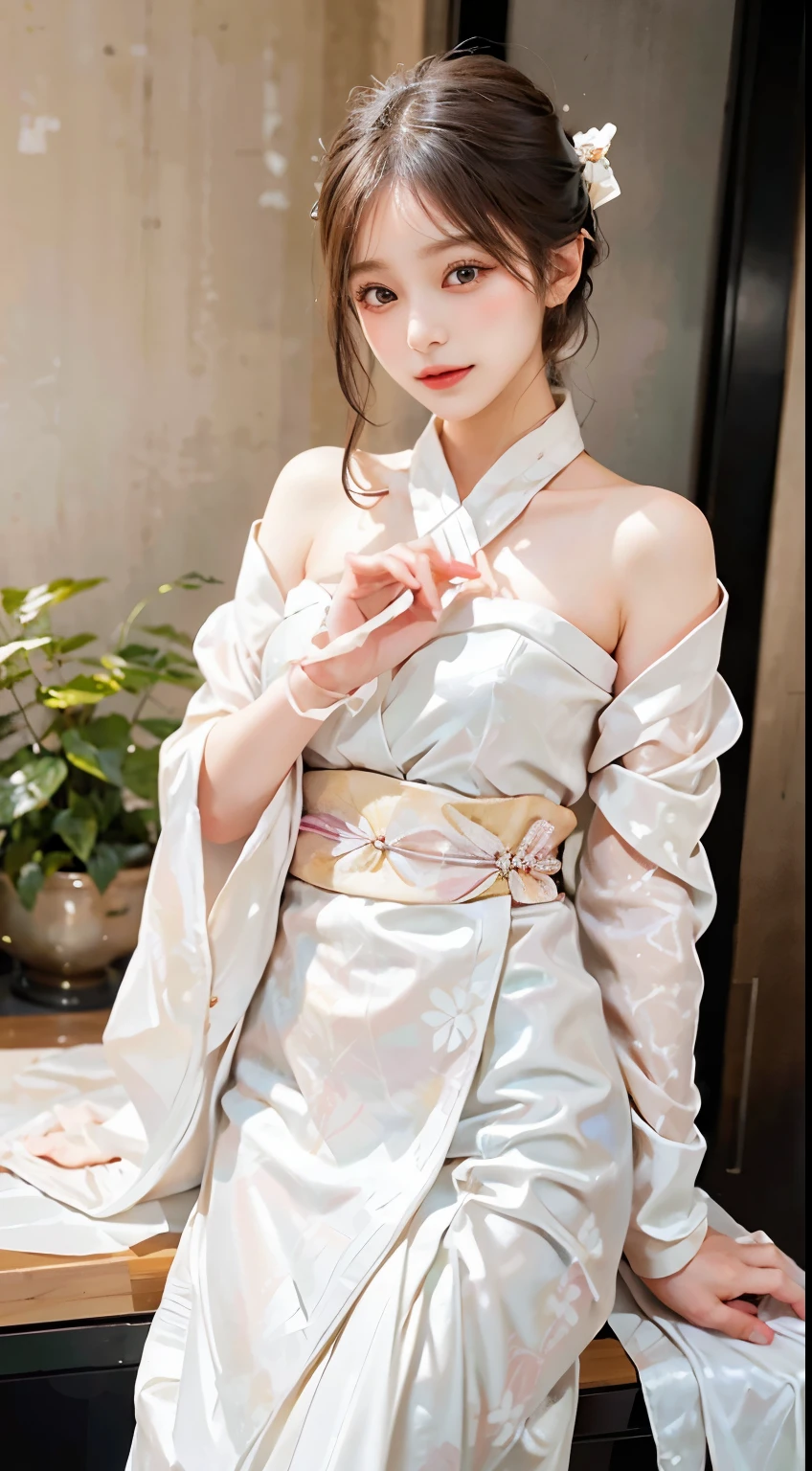 Within a serene backdrop, a woman embodies elegance in the pure beauty of a white kimono. The pristine white fabric, adorned with subtle patterns, gracefully drapes her figure, creating a tranquil and refined aesthetic. The obi ties delicately around her waist, adding a touch of sophistication to the traditional ensemble. In this fully-covered attire, she emanates an air of serene grace, capturing the timeless beauty of a woman in a pristine white kimono against the calm surroundings.