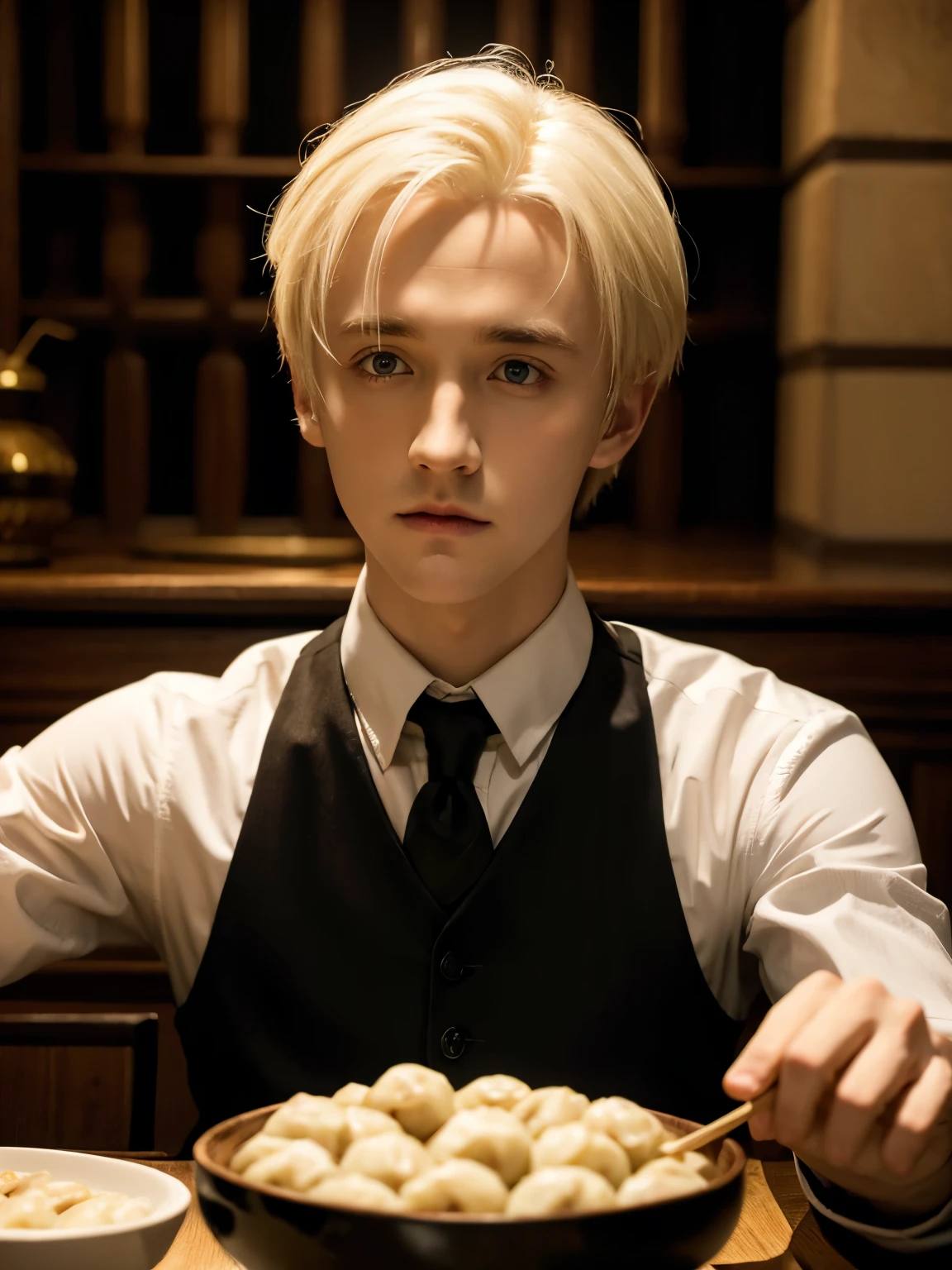 Draco Malfoy played by Tom Felton，Eat dumplings，grace，Exquisite，meticulous portrait