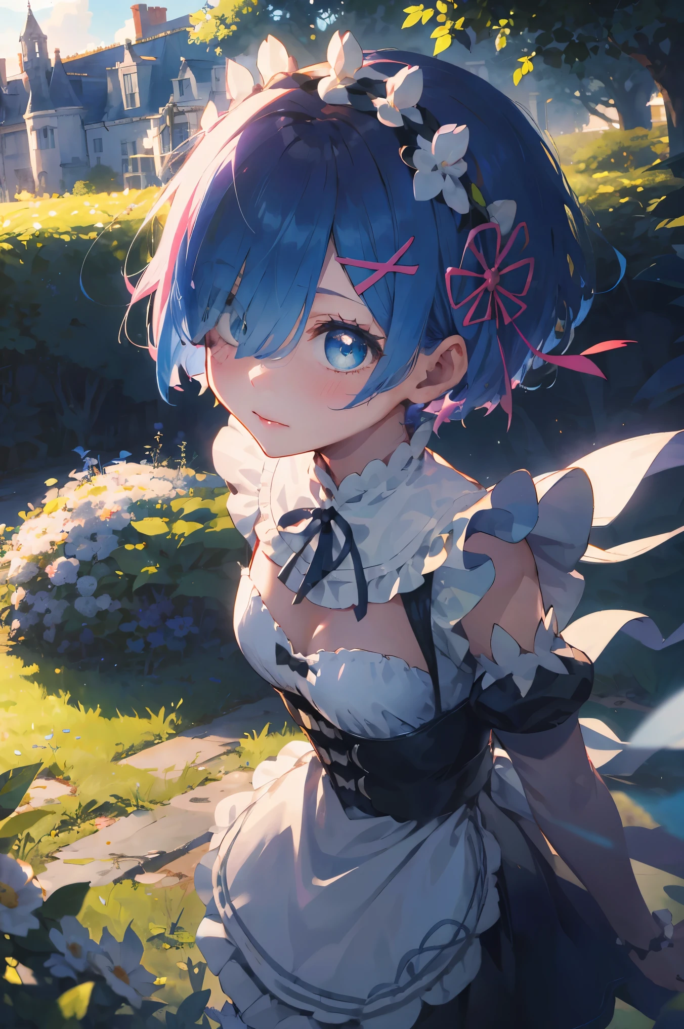 masterpiece, top-quality, ultra-detailliert, illustratio, epic lighting, Film composition, rem rezero、(beauitful face:1.25)Short blue hair、blue eyess、Hair above one eye、hair adornments、pink hair ribbon、rem's maid uniform、ultra realistic 8k cg、picture-perfect face、colourfull, sharp:1.3, 1girl, rem_\(re:zero\), medium chest, blue hairs, shorth hair, (Hair above one eye:1.3), eyes_visible_through_hair, roswaal_mansion_maid_uniform, pinafore, white thighhig, garter strap, is standing, The upper part of the body, plein air, mansion, 夏天, garden, florals, The tree, grassy, Soto, sunlights, (extremely details CG:1.2), (8K:1.1)