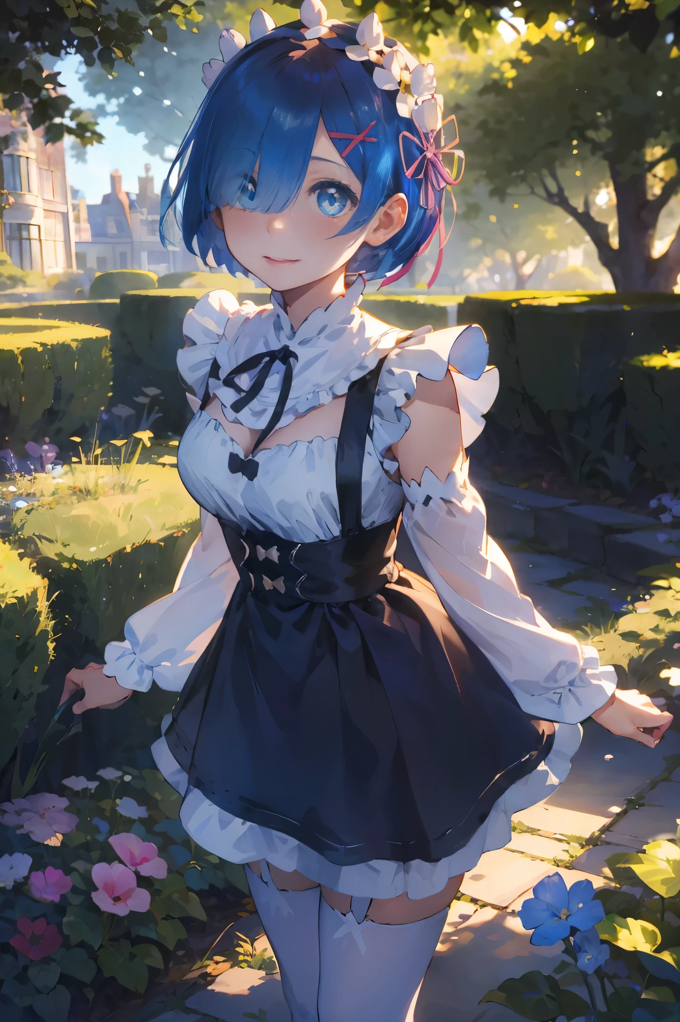 masterpiece, top-quality, ultra-detailliert, illustratio, epic lighting, Film composition, rem rezero、(beauitful face:1.25)Short blue hair、blue eyess、Hair above one eye、hair adornments、pink hair ribbon、rem's maid uniform、ultra realistic 8k cg、picture-perfect face、colourfull, sharp:1.3, 1girl, rem_\(re:zero\), medium chest, blue hairs, shorth hair, (Hair above one eye:1.3), eyes_visible_through_hair, roswaal_mansion_maid_uniform, pinafore, white thighhig, garter strap, is standing, The upper part of the body, plein air, mansion, 夏天, garden, florals, The tree, grassy, Soto, sunlights, (extremely details CG:1.2), (8K:1.1)