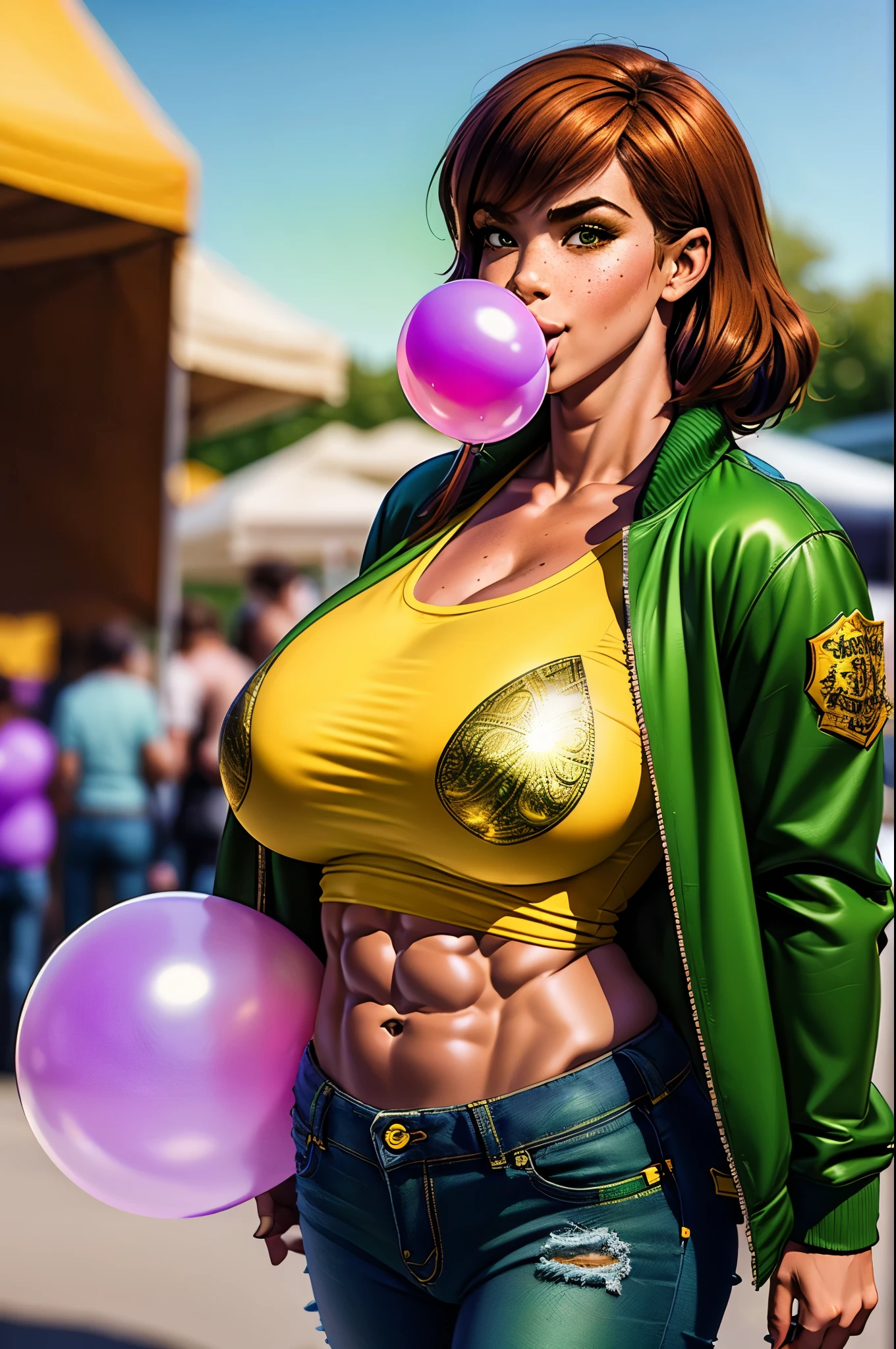 1990's photograph, ((muscular arms and abs)), smirking 1girl ginger haired freckled cosplayer, (lips blowing an massive gigantic enormous room filling transparent balloon from her lips), walking through morning farmer's market, (futanut:1.2), (wearing blue and gold and green college letterman jacket), (Sports logo t-shirt under neath jacket), (tight purple and green paisley jeans with an open fly), puffy thick lips, stroking thick massive penis, (lips blowing bubblegum chewing gum bubble)