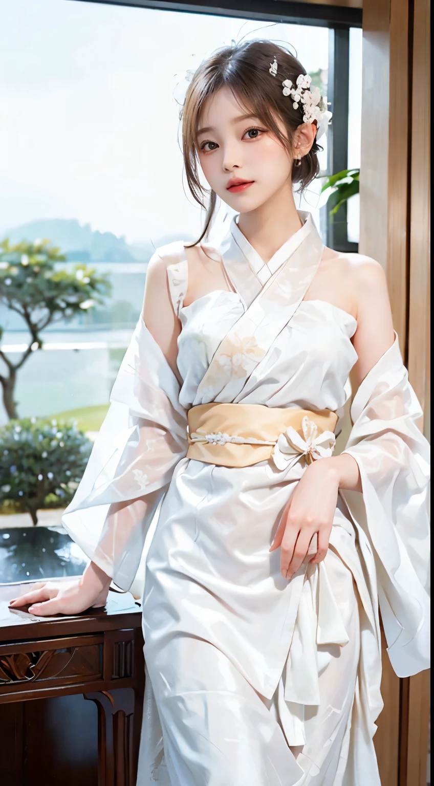 Within a serene backdrop, a woman embodies elegance in the pure beauty of a white kimono. The pristine white fabric, adorned with subtle patterns, gracefully drapes her figure, creating a tranquil and refined aesthetic. The obi ties delicately around her waist, adding a touch of sophistication to the traditional ensemble. In this fully-covered attire, she emanates an air of serene grace, capturing the timeless beauty of a woman in a pristine white kimono against the calm surroundings.