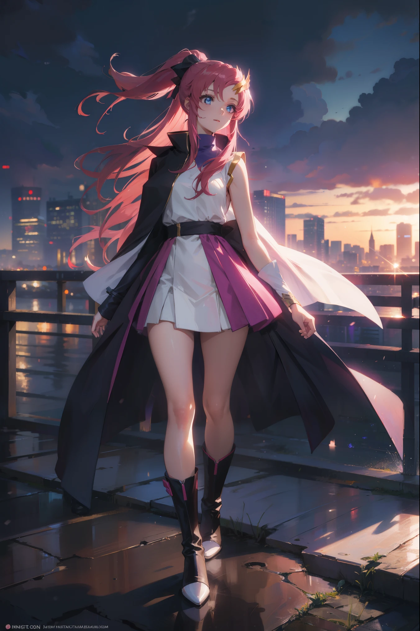 lacusclyne, lacus clyne, blue eyes, hair ornament, long hair, wave hair ornament, pink hair, ponytail, hair ribbon, hair clip,
BREAK ankle boots, black robe, boots, coat, long sleeves, red ribbon, ribbon, robe, sidelocks, sleeveless coat, white coat, white footwear,
BREAK outdoors, city,
BREAK looking at viewer, BREAK (masterpiece:1.2), best quality, high resolution, unity 8k wallpaper, (illustration:0.8), (beautiful detailed eyes:1.6), extremely detailed face, perfect lighting, extremely detailed CG, (perfect hands, perfect anatomy),