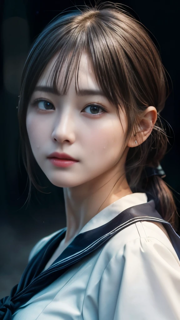 realistic glowing skin, (sweating:1.4),standing backwards,Look back at your face,Always look at the camera, 
Classic white and black sailor suit,summer clothes,cold look,cold gaze,black hair,,tie hair short,White skin as clear as silk,best realistic depiction,(very detailed美しい顔), wonderful face and eyes, (highest quality:1.4), (Super detailed), (very detailed CG 統合 8k 壁紙), very detailed, High resolution RAW color photos, professional photography, realistic portrait,
 (Detailed full body RAW photo of girl), Canon EOS R5 50mm, sharp focus, cinematic lighting,  (no makeup:1.2), Fine skin texture, fine clavicle texture,Detailed texture of sailor suit,Very realistic sailor uniform texture,(ultra high resolution:1.6), (realistic:1.6), 