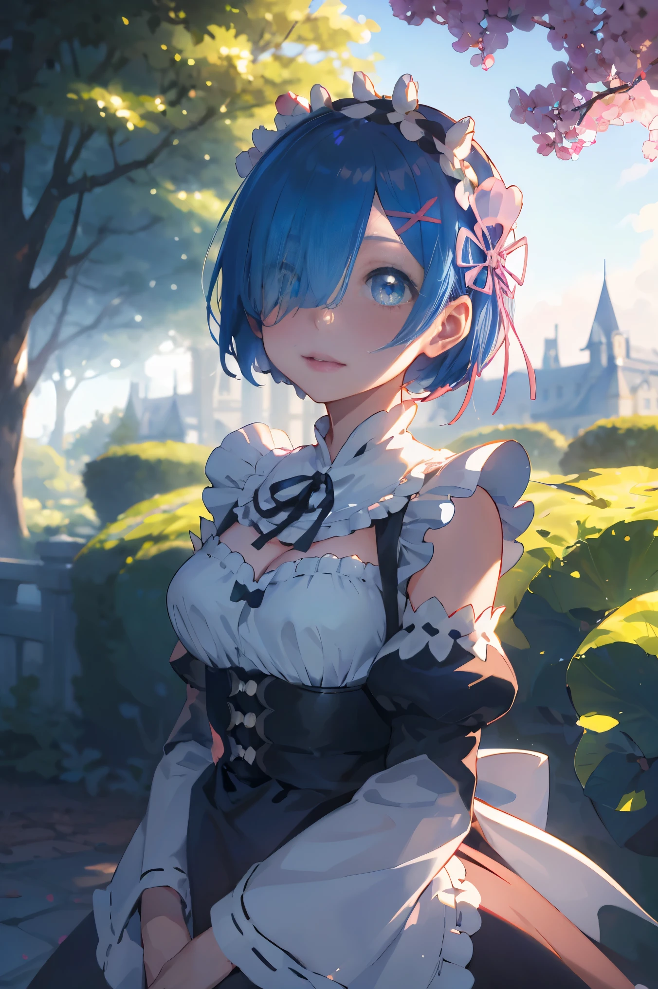 ​masterpiece, top-quality, ultra-detailliert, illustratio, epic lighting, Film composition, rem rezero、(beauitful face:1.25)Short blue hair、blue eyess、Hair above one eye、hair adornments、pink hair ribbon、rem's maid uniform、ultra realistic 8k cg、picture-perfect face、colourfull, sharp:1.3, 1girl, rem_\(re:zero\), medium chest, blue hairs, shorth hair, (Hair above one eye:1.3), eyes_visible_through_hair,  roswaal_mansion_maid_uniform, pinafore, white thighhig, garter strap, is standing, The upper part of the body, plein air, mansion, 夏天, garden, florals, The tree, grassy, Soto, sunlights, (extremely details CG:1.2), (8K:1.1)