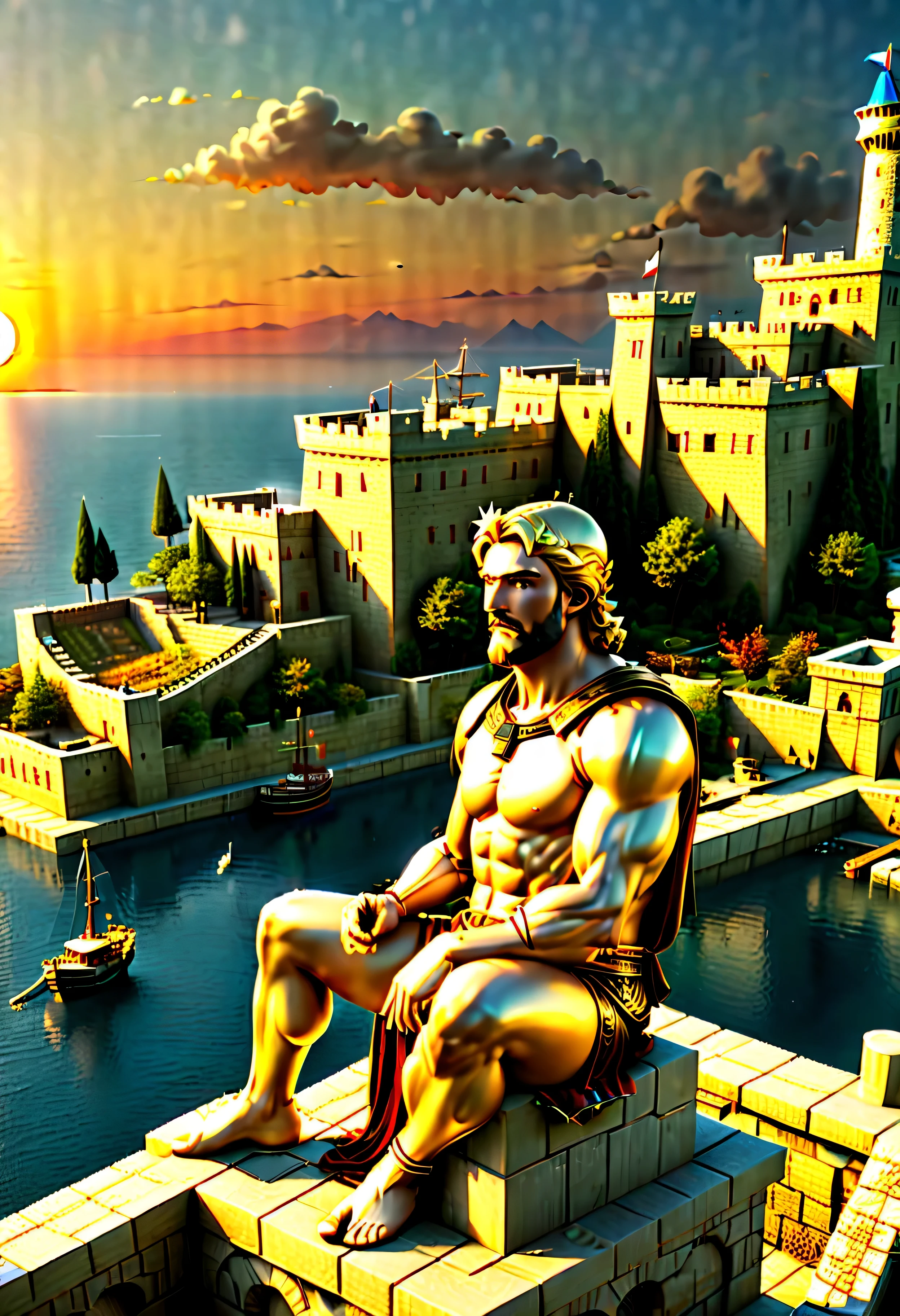 The corner castle terrace overlooks Ancient city of Rhodes with view of the Port, mesmerizing Colossus of Rhodes bathed by Sunset light,((golden hour time):1.2),((Ancient City with Port):1.2),((Colossus giant statue):1.1),delicate golden hour light, amazing wallpapers, beautiful surroundings, optimistic matte painting, Beautiful digital artwork, Ancient city background, Beautiful and detailed scenes, UHD underground, UHD landscape, Masjestic concept art, beautiful Ancient City. |(Masterpiece in maximum 16K resolution), the best quality, (very detailed CG unity 16k wallpaper quality),(Soft colors 16k highly detailed digital art),Super Detailed. | Perfect image,16k UE5,official painting, superfine, Depth of field, no contrast, clean sharp focus, professional, No blurring. | (((More detail))).
