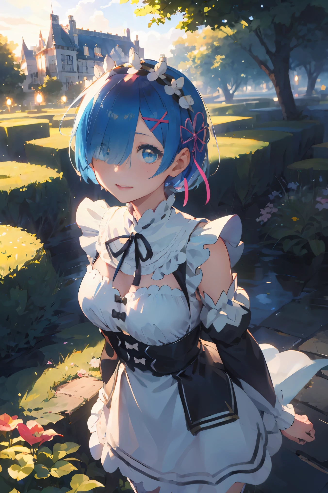 masterpiece, top-quality, ultra-detailliert, illustratio, epic lighting, Film composition, rem rezero、(beauitful face:1.25)Short blue hair、blue eyess、Hair above one eye、hair adornments、pink hair ribbon、rem's maid uniform、ultra realistic 8k cg、picture-perfect face、colourfull, sharp:1.3, 1girl, rem_\(re:zero\), medium chest, blue hairs, shorth hair, (Hair above one eye:1.3), eyes_visible_through_hair, roswaal_mansion_maid_uniform, pinafore, white thighhig, garter strap, is standing, The upper part of the body, plein air, mansion, 夏天, garden, florals, The tree, grassy, Soto, sunlights, (extremely details CG:1.2), (8K:1.1)