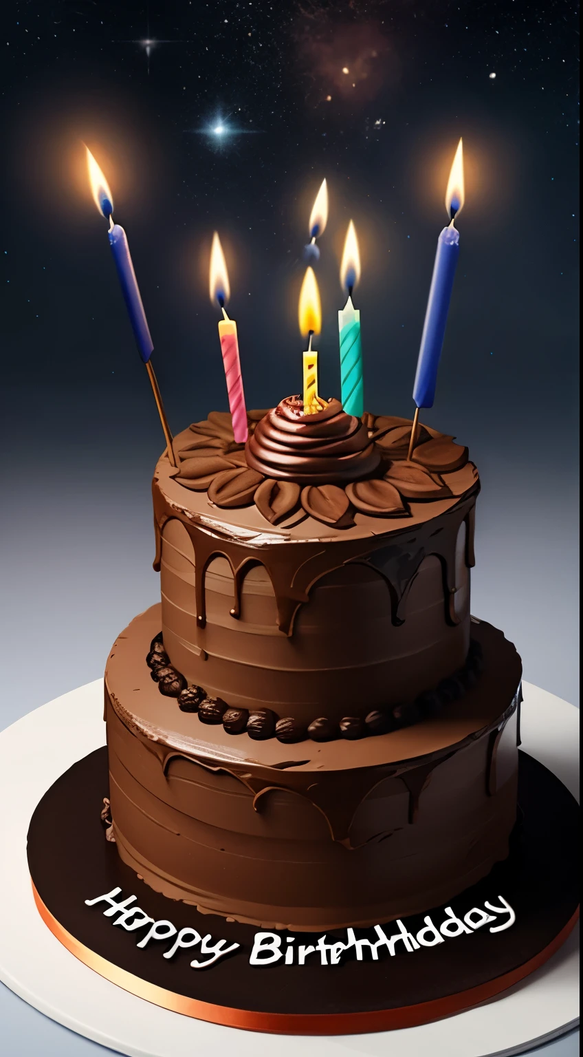 highest quality)), ((masterpiece)), (be familiar with), There are candles on the cake and it lights up　chocolate cake　birthday cake　background space　fantasy