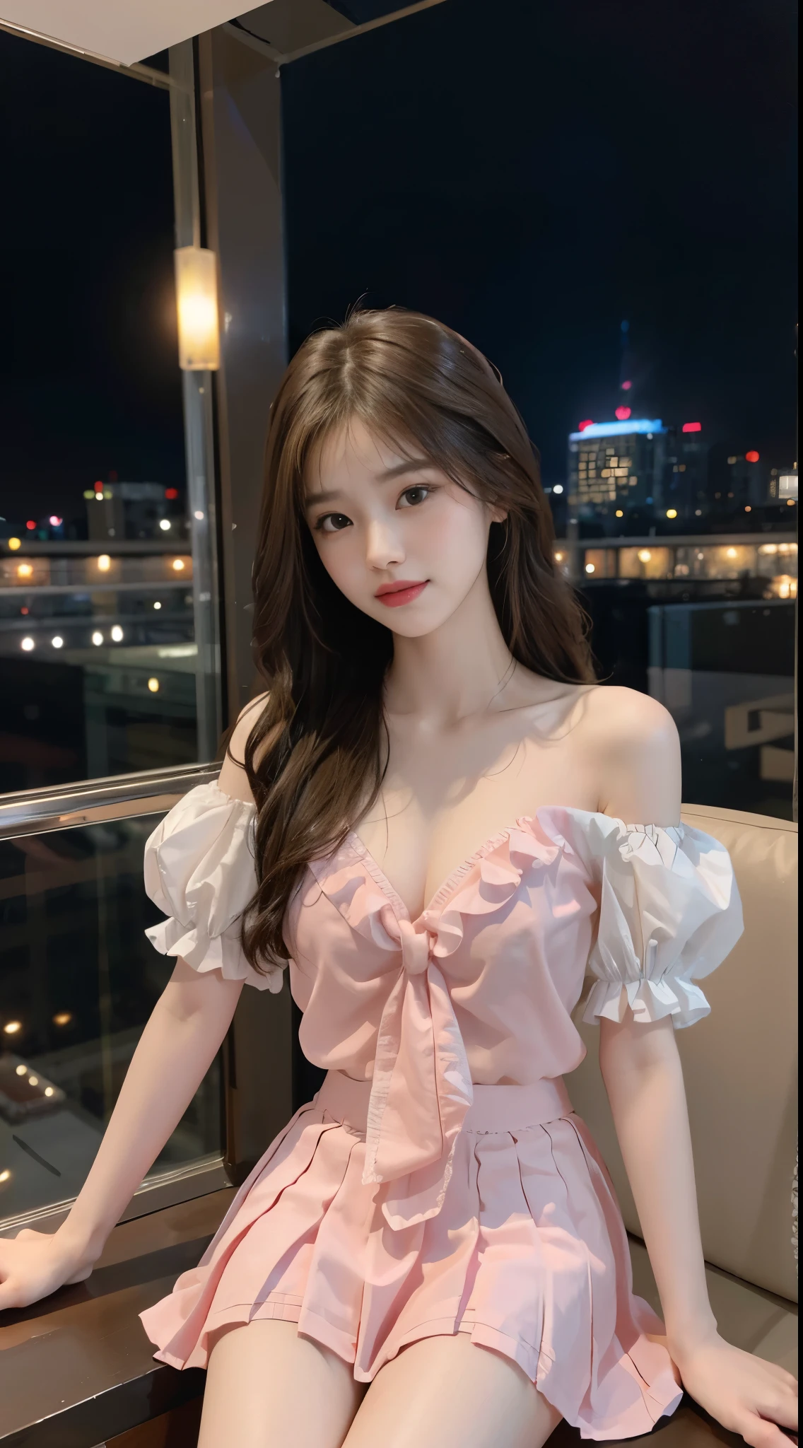 pleated skirt,pink skirt,pink sailor collar, ((yushuxin,1girl,solo)), (knee shot),Prology: (8k、ultra high resolution、Top image quality、masterpiece:1.1)、(Endless realism、Realism:1.1)、Super detailed的、bloom、Bokeh自由度、electric light、brilliance、美丽细致的Eye睛、a smile、(Whole BodyEsbian:1.1), hair长度齐肩, 杏仁Eye(Eye)、straight nose bridge(nose)、(Fashion)、luxurious hotel(Pola) Brown shoulder-length hairstyle(hair)、(8k、ultra high resolution、top quality、masterpiece:1.1)、(Endless realism、Realism:1.1)、Super detailed、Bokeh、movie lighting、brilliance、black rangoli、original photo,Generate an image taken from a slightly farther distance from the subject Generate an image from an angle where the subject is not too far from the camera Generate an image with a background、Attract the subject Adjust the proportion and size of the subject、express emotions that appeal to certain features or facial expressions of the subject、emphasize tension、(medium breasts:0.2) top quality、ultra high resolution、(Realism:1.4)、slim、Facial details are more delicate、smooth skin、perfect anatomy、overlooking a city、night、professional lighting、Shopping mall rooftop café、sexy pose、porn pose