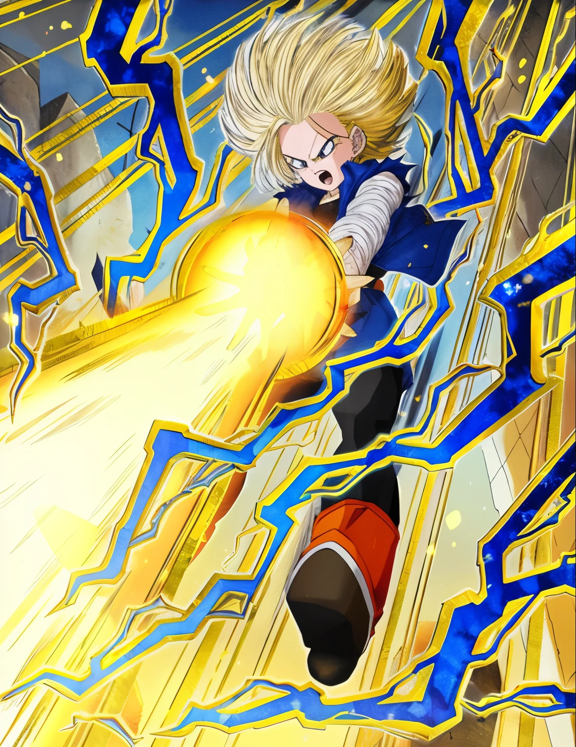 anime character with a yellow light shining through his hair, androide 18, chica saiyajin, going Super Saiyan, Super Saiyan, Arte oficialwork, obra de arte de alta calidad, Super Saiyan 3, Arte oficial, high detailed Arte oficialwork, dynamic!!, Super Saiyan goku, Explosion of power,  fe******, Arte extendido, 