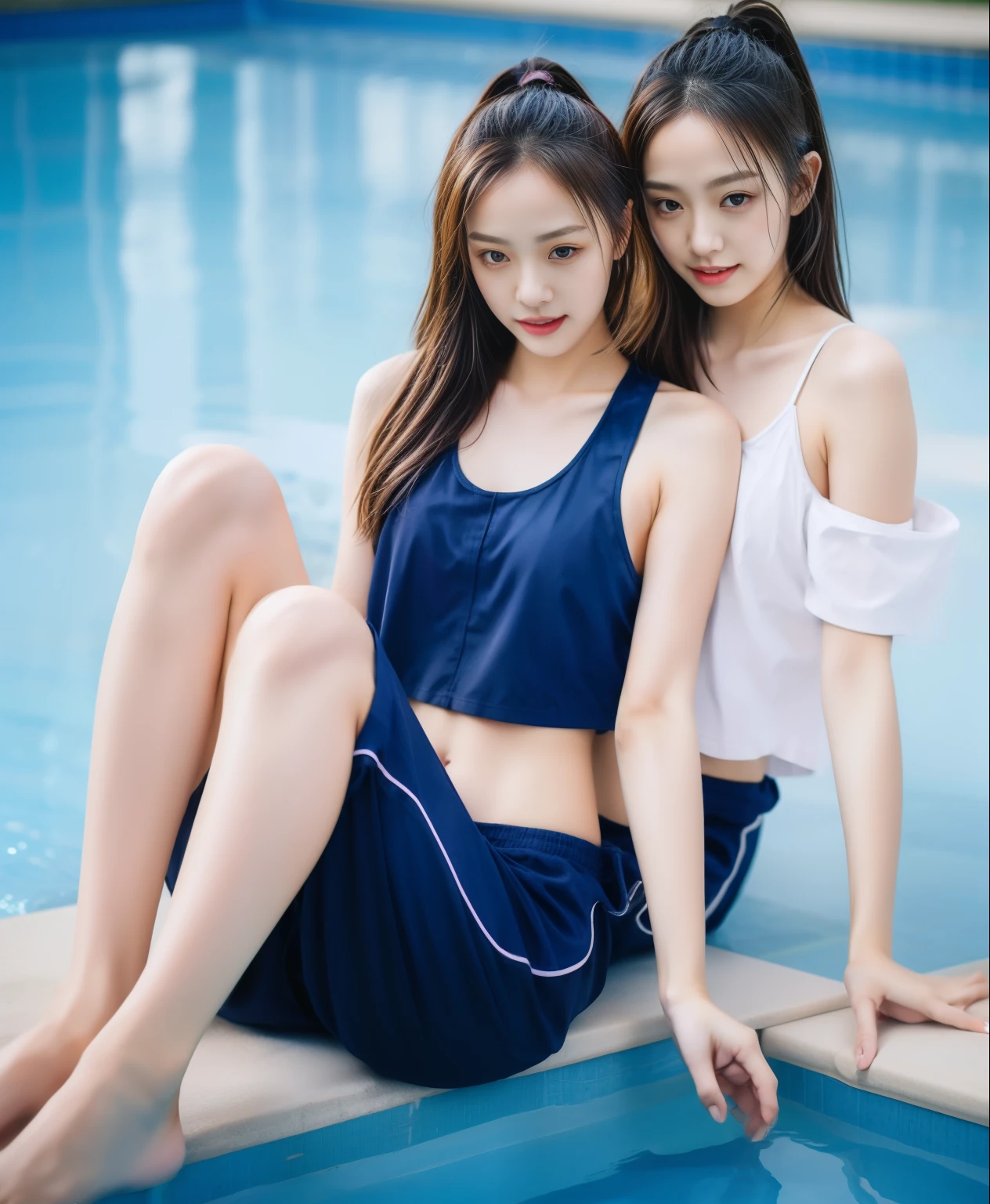 3 girls in the swimming pool, black underwear,Navy Long Trackpant,Sweatpants, Sweatpantsขายาว,25 year old girl, lesbian, sexy, exercise clothes, wet body