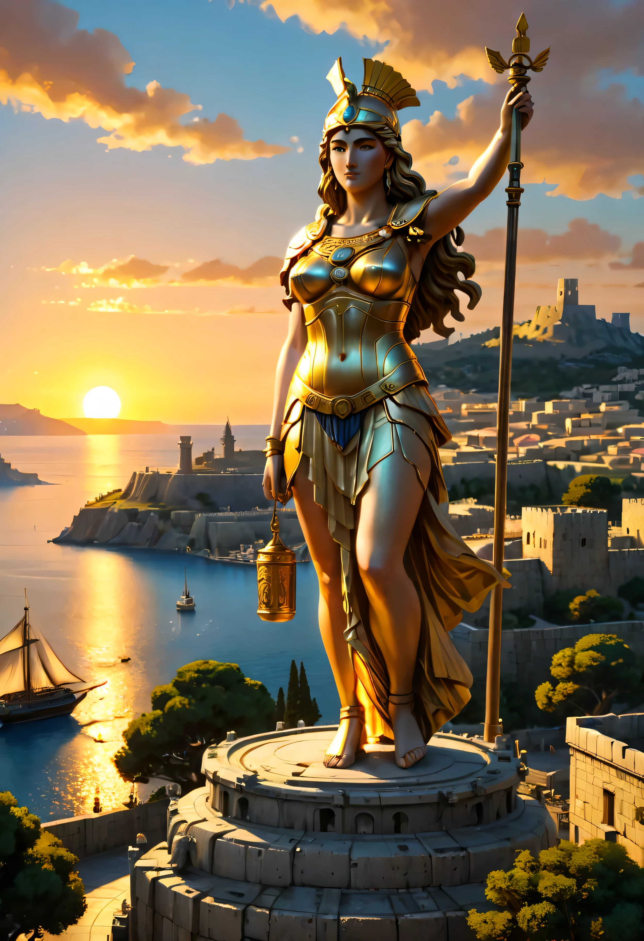 The corner castle terrace overlooks Ancient city of Rhodes with view of the Port, mesmerizing Giant Statue of Goddess Athena bathed by Sunset light,((golden hour time):1.2),((Ancient City with Port):1.2),((Goddess Athena giant statue):1.1),delicate golden hour light, amazing wallpapers, beautiful surroundings, optimistic matte painting, Beautiful digital artwork, Ancient city background, Beautiful and detailed scenes, UHD underground, UHD landscape, Masjestic concept art, beautiful Ancient City. |(Masterpiece in maximum 16K resolution), the best quality, (very detailed CG unity 16k wallpaper quality),(Soft colors 16k highly detailed digital art),Super Detailed. | Perfect image,16k UE5,official painting, superfine, Depth of field, no contrast, clean sharp focus, professional, No blurring. | (((More detail))).
