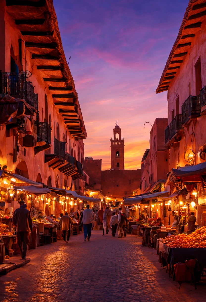 Marrakech, Morocco The center of the ancient city area of Marrakech is Beni Musetta Square，It is surrounded by many traditional Moroccan buildings and markets，sunset，It will become more lively and mysterious here high definition,best quality, Very detailed, masterpiece, official art, Lighting effects, 4K